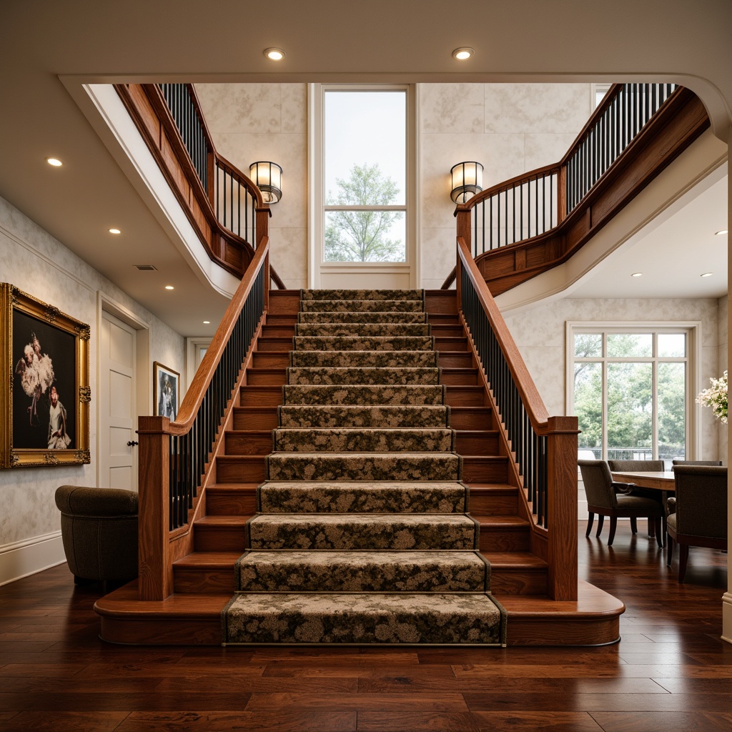 Prompt: Elegant staircase, richly polished wooden handrails, ornate metal balusters, luxurious carpeted steps, sophisticated dark-stained wood flooring, refined white marble walls, grand high ceilings, warm ambient lighting, 1/2 composition, shallow depth of field, realistic textures, soft warm glow.