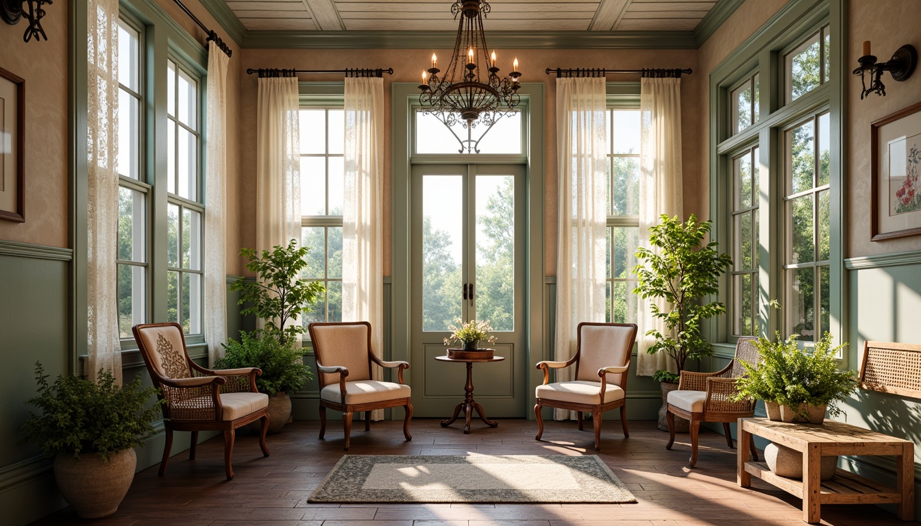 Prompt: Vintage sunroom, distressed wood accents, soft pastel hues, lace curtains, floral patterns, plush velvet armchairs, ornate metal frames, rustic wooden benches, natural wicker furniture, elegant chandeliers, warm candlelight, lush greenery, potted plants, botanical prints, gentle morning light, shallow depth of field, 1/2 composition, soft focus, realistic textures.