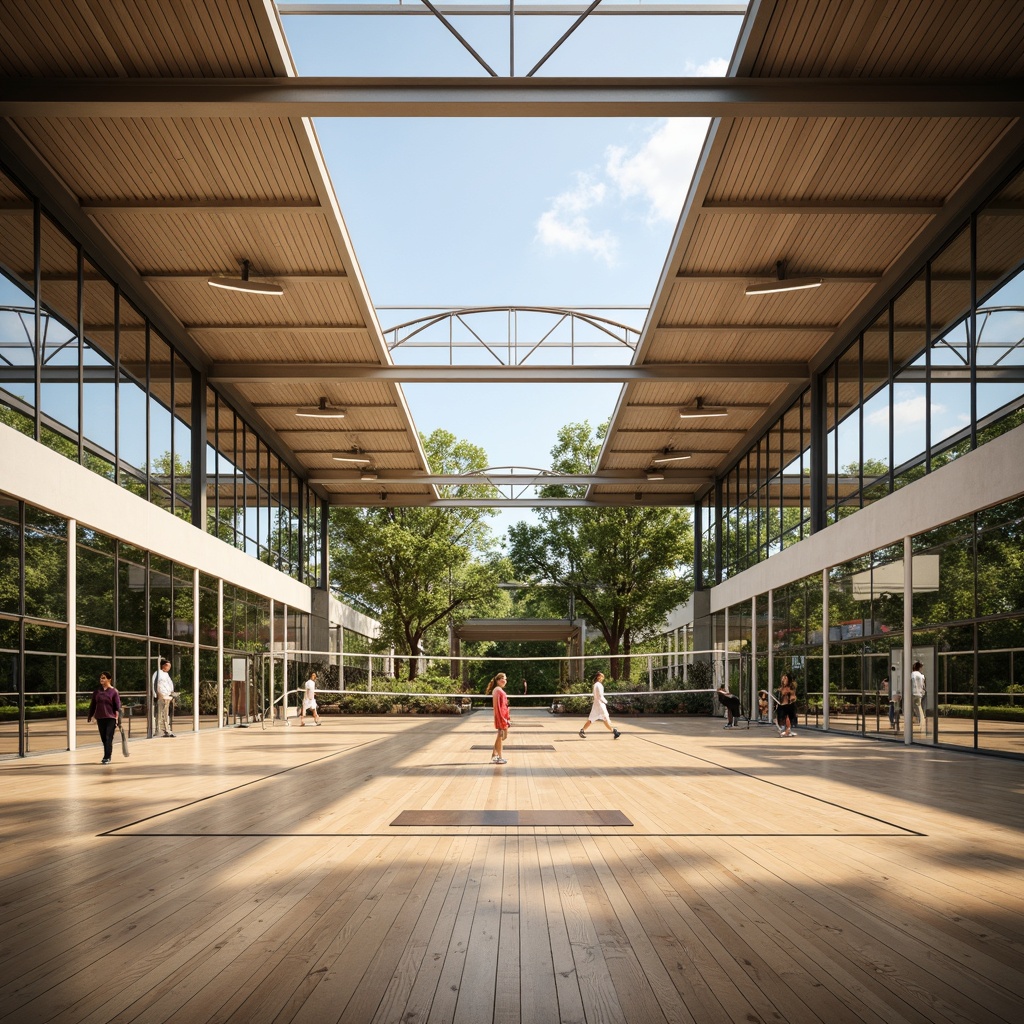 Prompt: Well-lit gymnasium interior, large clerestory windows, abundant natural light, bright and airy atmosphere, wooden flooring, modern athletic equipment, basketball hoops, volleyball nets, sports mats, mirrored walls, sleek metal beams, minimalist design, high ceilings, transparent glass doors, surrounding trees, lush greenery, sunny day, soft warm lighting, shallow depth of field, 3/4 composition, panoramic view, realistic textures, ambient occlusion.