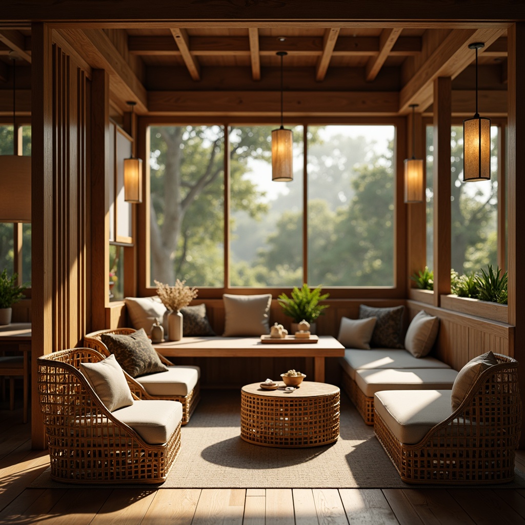 Prompt: Traditional Asian-style breakfast nook, natural wood tone furniture, woven rattan chairs, plush cushions, low seating arrangement, intimate setting, warm ambient lighting, paper lanterns, wooden tables, delicate ceramics, minimalist decor, serene atmosphere, subtle scents, soft instrumental music, gentle morning sunlight, 1/2 composition, shallow depth of field, realistic textures.