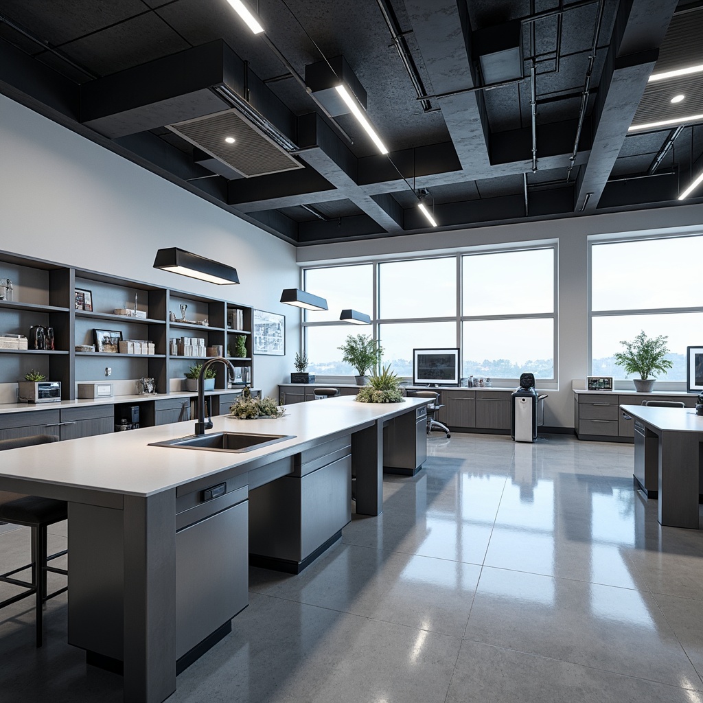 Prompt: Modern laboratory countertops, sleek metal edges, durable resin surfaces, ergonomic workstations, built-in sinks, gooseneck lamps, adjustable shelving units, stainless steel cabinets, epoxy resin flooring, industrial-chic aesthetic, high-gloss finishes, minimalist design, ample storage spaces, fume hood systems, LED task lighting, futuristic ambiance, sterile environments, precision instrumentation displays, academic research settings, collaborative workspaces, advanced technology integration.