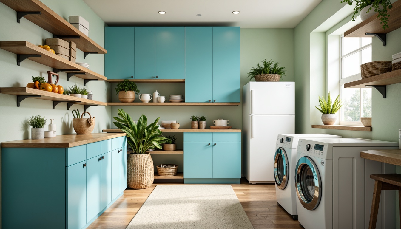 Prompt: Vibrant laundry room, bright white appliances, bold blue accents, warm beige cabinets, soft gray countertops, calming light green walls, natural wood flooring, modern minimalist decor, sleek metal shelves, ample storage spaces, task lighting, refreshing citrus scents, airy feel, shallow depth of field, 1/1 composition, realistic textures.