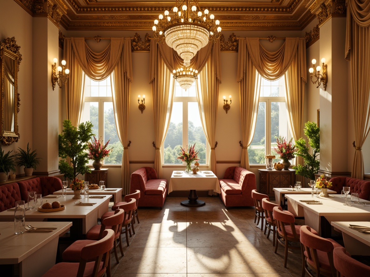 Prompt: Richly ornate breakfast nook, golden accents, warm beige walls, soft cream marble countertops, luxurious velvet upholstery, intricate wooden carvings, opulent crystal chandeliers, morning sunlight, gentle warm glow, shallow depth of field, 1/1 composition, realistic textures, ambient occlusion.