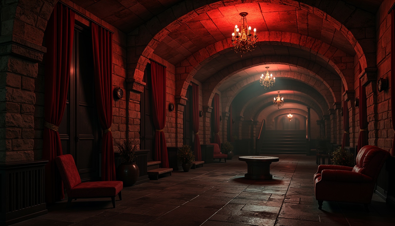 Prompt: Dark, mysterious basement, stone walls, vaulted ceilings, ornate ironwork, grand chandeliers, candelabras, dim red lighting, warm golden accents, rich velvet drapes, intricate wood carvings, eerie shadows, dramatic spotlights, high contrast ratios, cinematic atmosphere, low-key illumination, subtle mist effects, atmospheric fog, mysterious darkness, haunted ambiance, ancient artifacts, mysterious relics, crypt-like corridors, abandoned asylum feel.