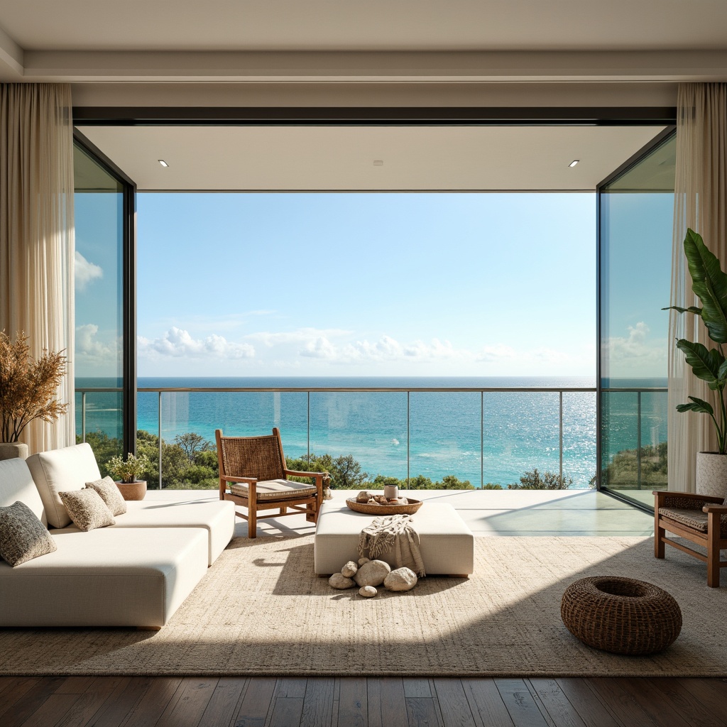 Prompt: Coastal villa, oceanfront views, floor-to-ceiling glass windows, sliding glass doors, transparent railings, minimalist interior design, beachy color palette, natural textiles, woven sea grass, driftwood accents, shell decorations, coral patterns, turquoise hues, calming ambiance, soft diffused lighting, shallow depth of field, 1/1 composition, realistic reflections, ambient occlusion.