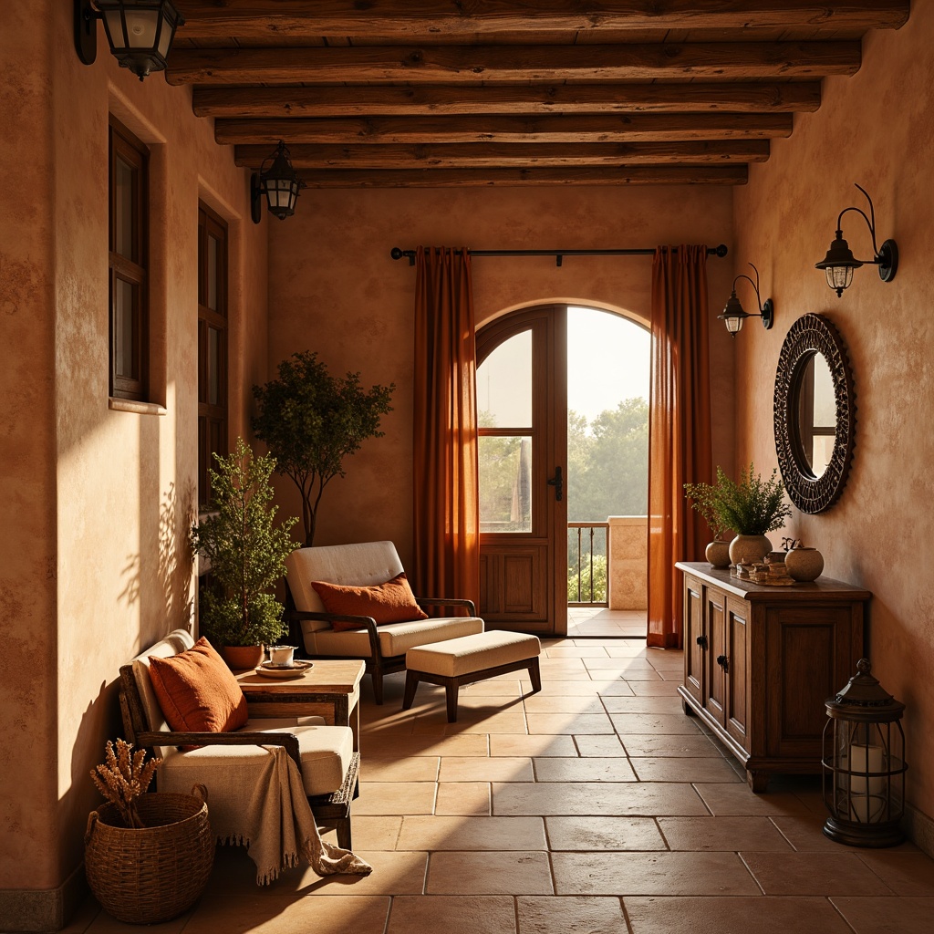 Prompt: Warm sienna tones, earthy terracotta hues, rich ochre accents, soft beige backgrounds, muted umber shades, creamy whites, weathered wooden textures, natural stone patterns, rustic metal details, vintage ceramic tiles, cozy lantern lighting, warm golden hour, shallow depth of field, 2/3 composition, intimate atmosphere, realistic renderings.