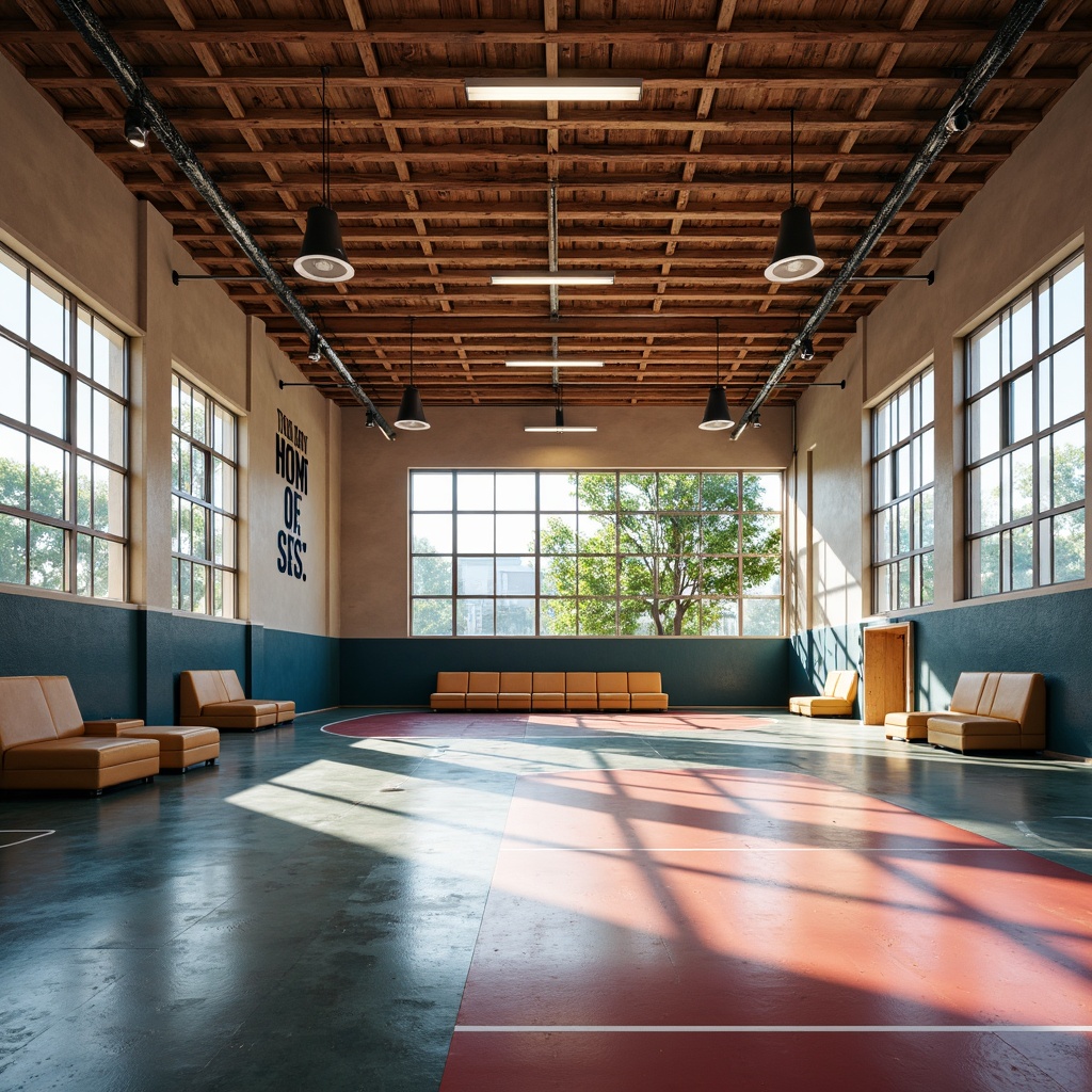 Prompt: Modern gymnasium interior, athletic arena atmosphere, glossy epoxy resin flooring, matte painted walls, textured acoustic panels, suspended ceilings, industrial-style metal beams, natural wood accents, vibrant color schemes, motivational quotes, large windows, abundant natural light, softbox lighting, shallow depth of field, 1/1 composition, realistic textures.