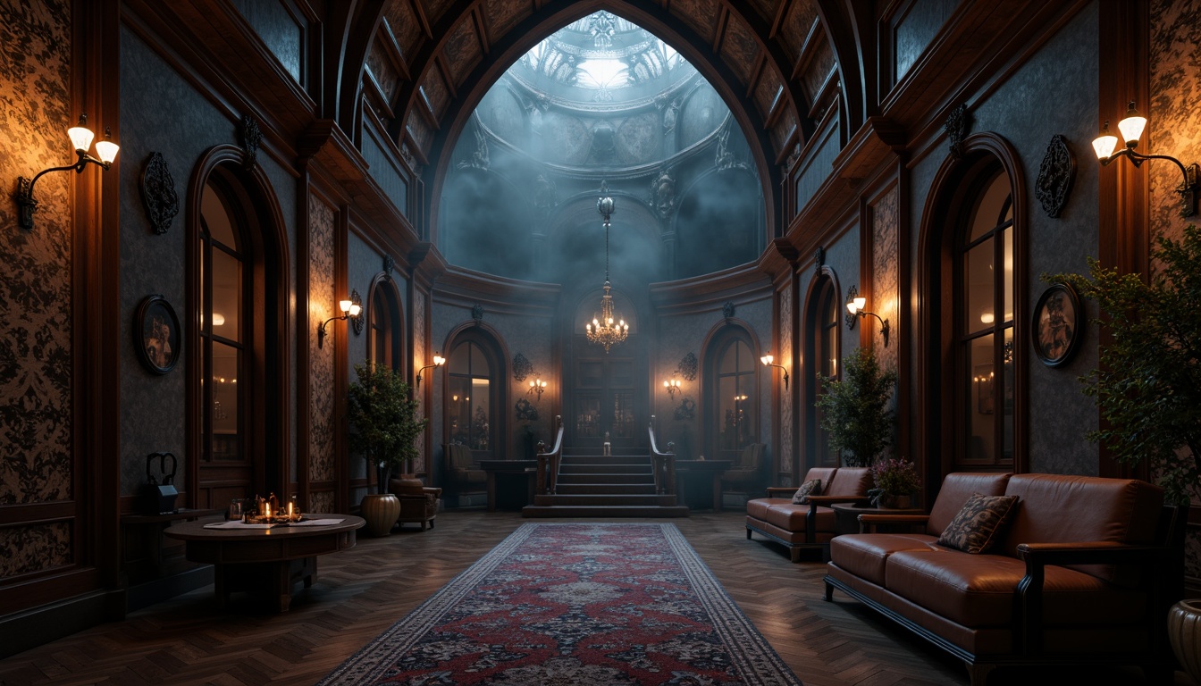 Prompt: Dark-stained hardwood floors, ornate Gothic arches, richly-patterned rugs, intricately-carved wooden panels, distressed stone tiles, medieval-inspired mosaics, luxurious velvet drapes, grand chandeliers, dramatic lighting effects, mysterious ambiance, atmospheric fog, cinematic composition, low-key lighting, intense shadows, mystical atmosphere.