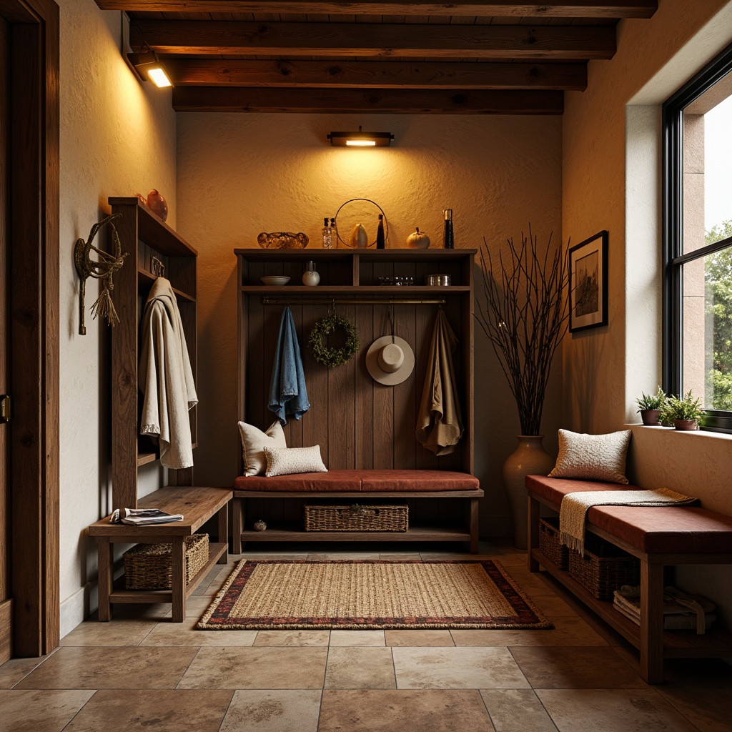 Prompt: Rustic mudroom, renaissance-inspired decor, warm earthy tones, distressed wood accents, ornate metal hardware, vintage-style storage benches, woven wicker baskets, natural stone flooring, rich velvet textiles, golden lighting fixtures, soft warm glow, shallow depth of field, 1/2 composition, cozy intimate atmosphere, realistic textures, ambient occlusion.