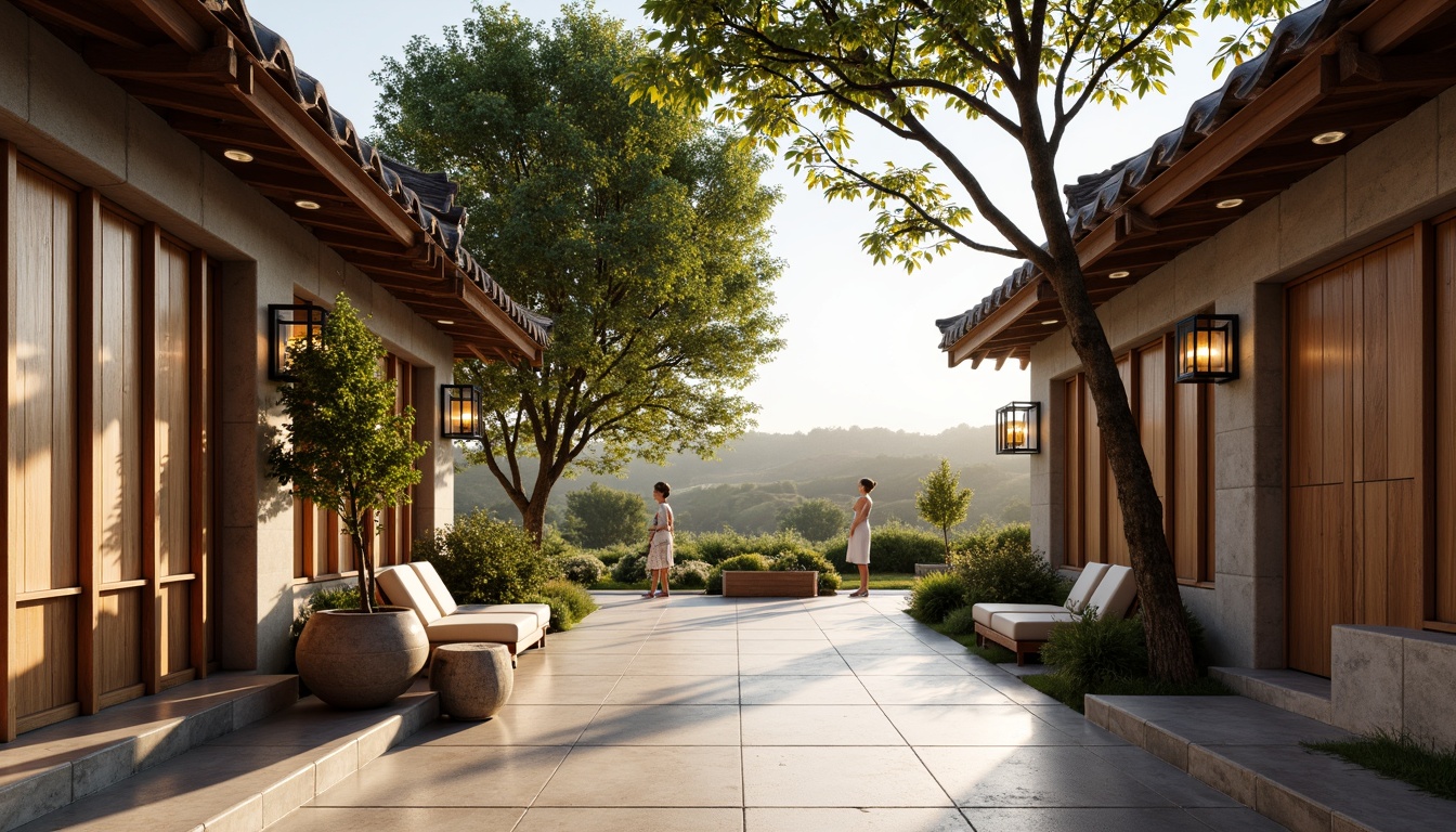 Prompt: Traditional Asian winery, rustic wooden doors, textured stone walls, natural earthy tones, curved rooflines, ornate ceramic tiles, lantern-inspired lighting fixtures, elegant minimalism, serene atmosphere, lush greenery surroundings, vineyard views, rolling hills, sunny afternoon, soft warm lighting, shallow depth of field, 1/2 composition, realistic textures, ambient occlusion.