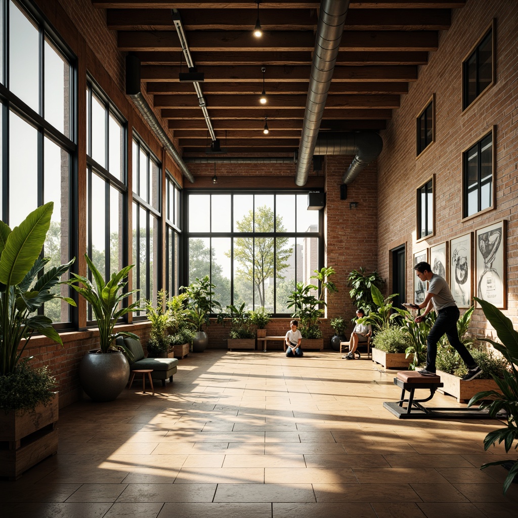 Prompt: Large windows, natural light, polished wood floors, retro-inspired gym equipment, vintage posters, minimalist decor, open-plan layout, high ceilings, industrial metal beams, exposed ductwork, urban loft-style architecture, reclaimed wooden accents, earthy color palette, abundant greenery, living walls, tropical plants, soft warm lighting, shallow depth of field, 3/4 composition, panoramic view, realistic textures, ambient occlusion.