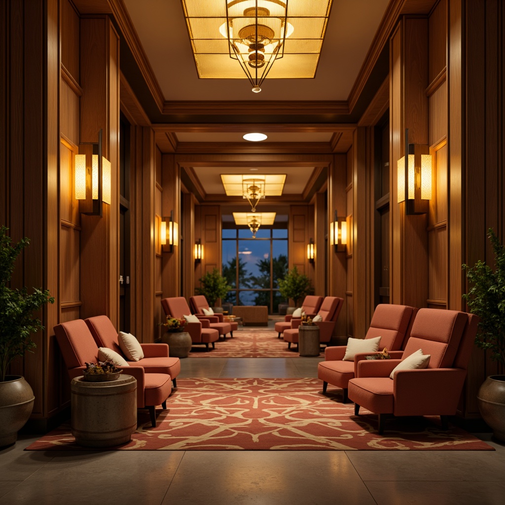 Prompt: Cozy hotel lobby, warm golden lighting, comfortable seating areas, rich wood accents, soft upholstery, elegant chandeliers, modern sconces, ambient glow, relaxed atmosphere, inviting ambiance, warm color tones, intimate corners, luxurious fabrics, sophisticated patterns, dramatic ceiling fixtures, subtle mood lighting, 1/2 composition, shallow depth of field, realistic textures.