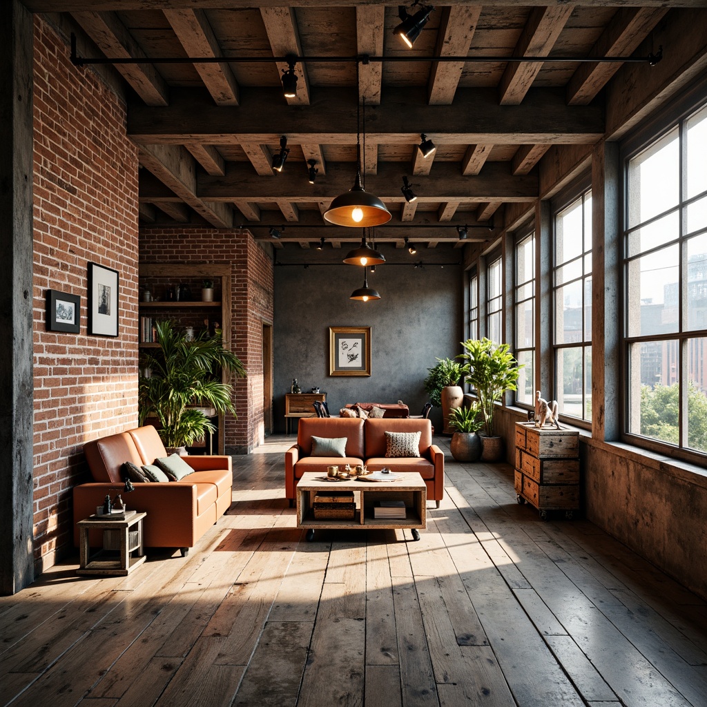 Prompt: Exposed brick walls, metal beams, reclaimed wood floors, industrial chic decor, dimmable track lighting, Edison bulb fixtures, metal shade pendants, rustic wooden crates, vintage factory carts, distressed leather sofas, worn metal chairs, concrete floors, urban loft atmosphere, soft warm glow, high ceilings, large windows, natural light pouring in, 3/4 composition, shallow depth of field, realistic textures, ambient occlusion.