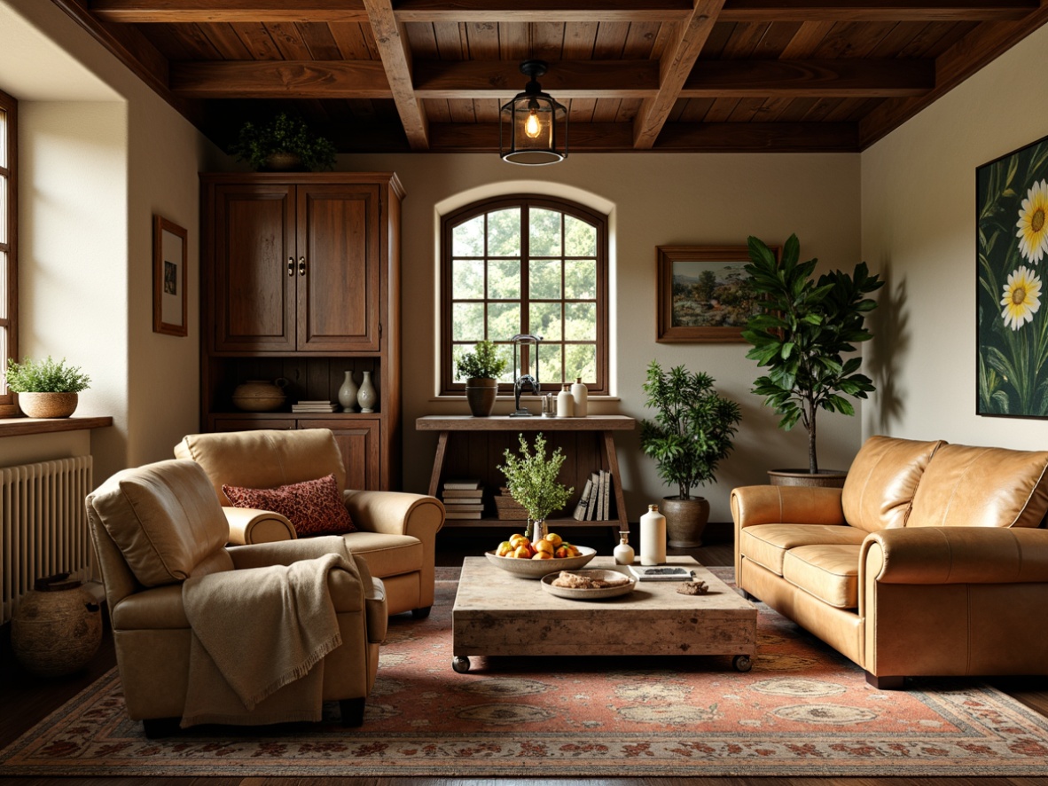 Prompt: Rustic farmhouse, Art Nouveau accents, earthy color palette, warm beige walls, rich walnut woodwork, soft sage greenery, vintage metal fixtures, distressed leather upholstery, ornate botanical patterns, organic curves, natural textures, ambient warm lighting, shallow depth of field, 1/2 composition, intimate cozy atmosphere, realistic renderings.