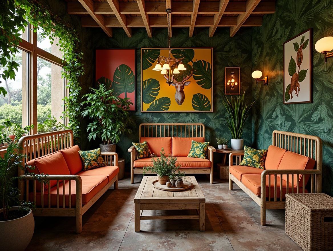 Prompt: Vibrant jungle-inspired interior, eclectic furniture arrangement, bold colorful upholstery, distressed wood accents, woven rattan chairs, plush velvet sofas, oversized tropical leaf patterns, whimsical animal-shaped decor, eccentric lighting fixtures, natural stone flooring, rustic wooden crates, lush greenery, exotic plants, abstract expressionist artwork, warm golden lighting, shallow depth of field, 1/1 composition, realistic textures.