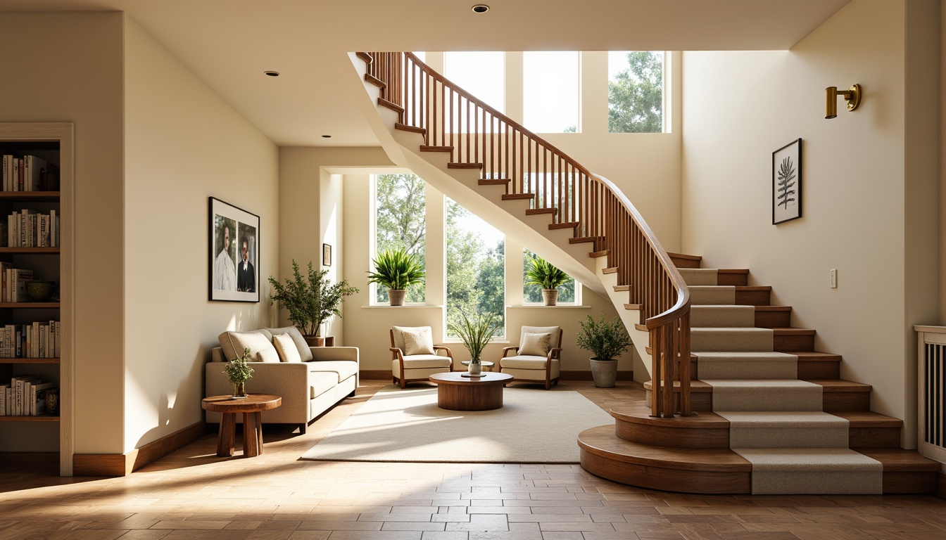 Prompt: Elegant staircase, curved banister, polished wooden steps, creamy white walls, soft carpeting, warm beige tones, rich walnut handrail, subtle cream accents, golden lighting fixtures, inviting atmosphere, cozy reading nook, comfortable seating area, lush greenery, natural light pouring in, warm afternoon sunbeams, shallow depth of field, 1/1 composition, realistic textures, ambient occlusion.