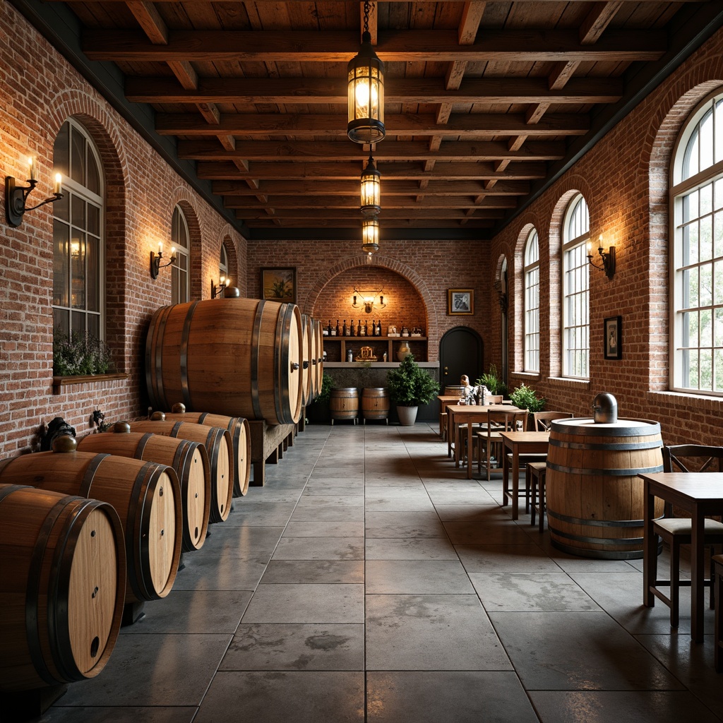 Prompt: Rustic winery interior, exposed brick walls, reclaimed wood accents, metal beam ceilings, industrial chic lighting fixtures, wooden barrels, wine-making equipment, stone flooring, earthy color palette, natural textures, ambient warm lighting, shallow depth of field, 1/1 composition, realistic reflections, atmospheric misting.