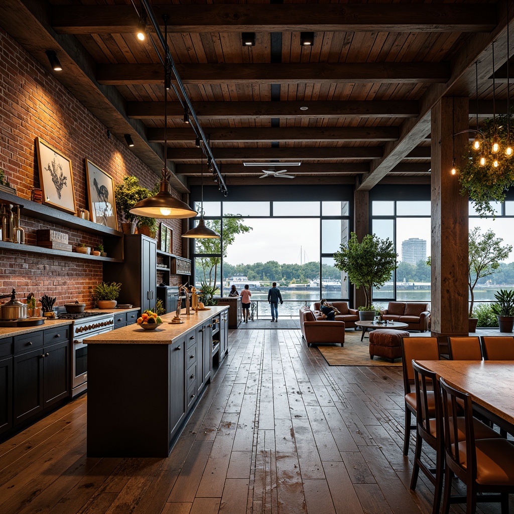 Prompt: Rustic wooden dock, vintage nautical decor, industrial metal beams, exposed brick walls, reclaimed wood flooring, distressed leather furniture, metallic accents, Edison bulb lighting, moody atmospheric colors, natural stone countertops, functional piping fixtures, urban loft-inspired layout, open-plan living area, floor-to-ceiling windows, waterfront views, soft warm glow, 1/1 composition, shallow depth of field, realistic textures.