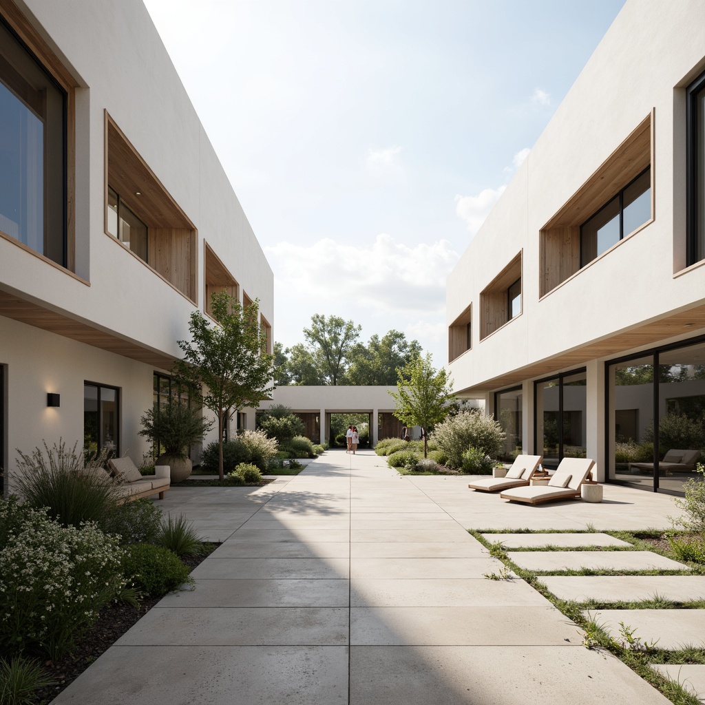 Prompt: Sleek modern buildings, large open courtyards, minimalist landscaping, sparse greenery, natural stone floors, white walls, floor-to-ceiling windows, sliding glass doors, wooden accents, industrial lighting fixtures, abstract sculptures, calm atmosphere, soft natural light, shallow depth of field, 1/1 composition, panoramic view, realistic textures, ambient occlusion.