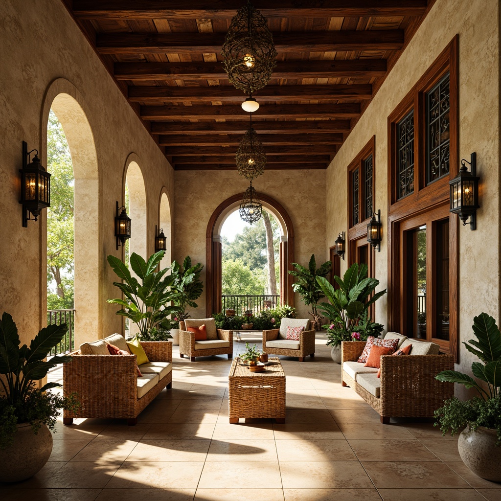 Prompt: Tropical courthouse interior, rich wood accents, woven rattan furniture, vibrant floral patterns, lush greenery, natural stone walls, elegant archways, ornate metalwork details, warm beige flooring, soft diffused lighting, 1/2 composition, shallow depth of field, realistic textures, ambient occlusion.