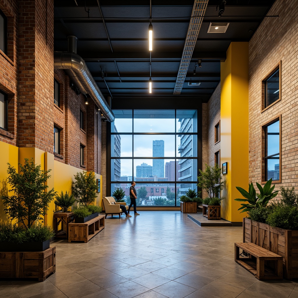 Prompt: Industrial warehouse, exposed brick walls, metal beams, polished concrete floors, pops of bright colors, bold yellow accents, deep blue undertones, vibrant greenery, modern minimalist lighting, sleek metal fixtures, reclaimed wood crates, urban cityscape views, overcast day, soft diffused lighting, 3/4 composition, realistic textures, ambient occlusion.