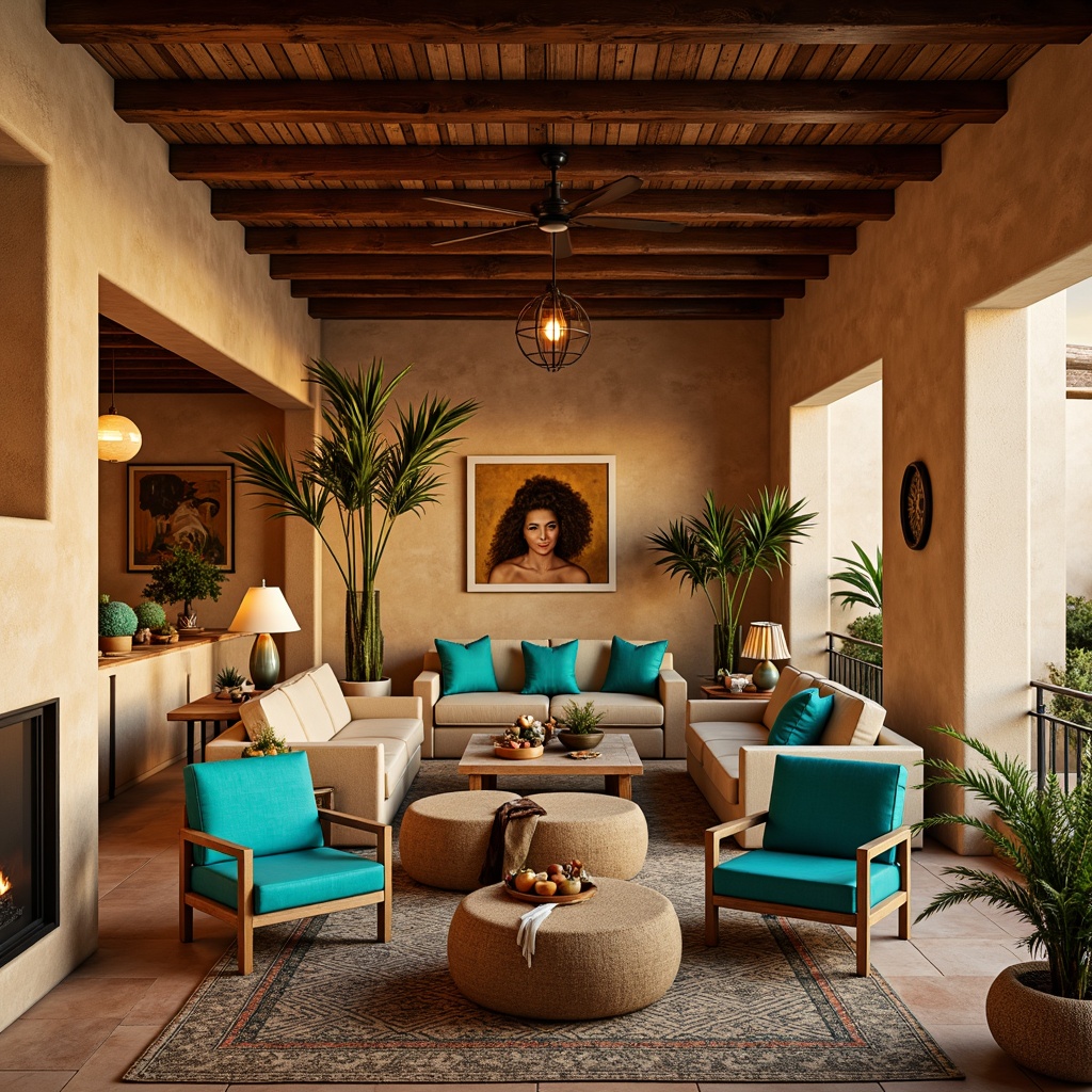 Prompt: Southwestern living room, warm earthy tones, natural stone walls, wooden beams, rustic furniture, vibrant turquoise accents, woven textiles, geometric patterns, desert botanicals, cacti, succulents, warm golden lighting, table lamps, floor lamps, pendant lights, candlelight, soft shadows, ambient illumination, cozy atmosphere, 1/2 composition, shallow depth of field, warm color temperature, realistic textures.