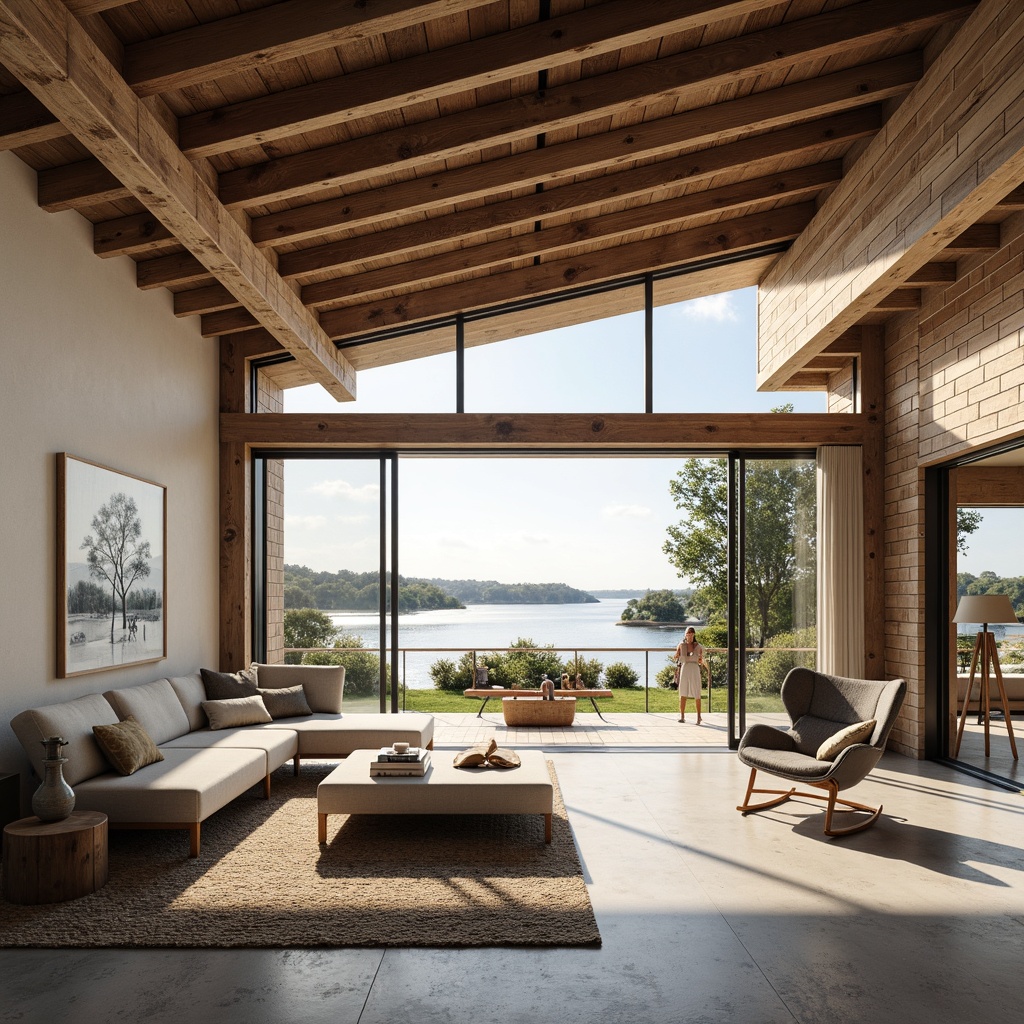 Prompt: Waterfront boathouse, open floor plan, minimalist interior, industrial chic decor, exposed wooden beams, polished concrete floors, floor-to-ceiling windows, sliding glass doors, nautical themed accessories, rustic wood accents, cozy reading nooks, modern Bauhaus architecture, flat rooflines, rectangular forms, functional simplicity, natural light pouring in, warm neutral color palette, soft diffused lighting, 1/1 composition, realistic reflections, ambient occlusion.