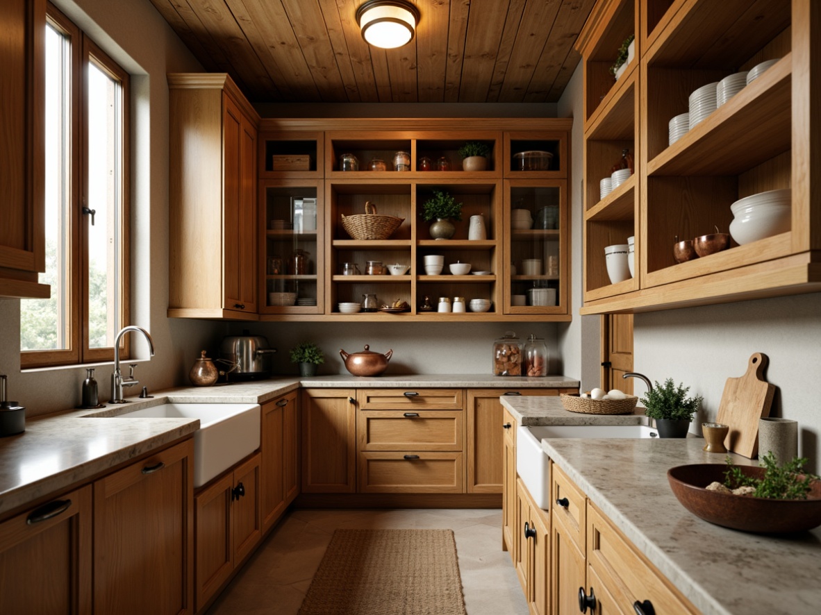 Prompt: Cozy pantry, warm wooden tones, rustic cabinetry, decorative metal hardware, soft warm lighting, shallow depth of field, 3/4 composition, modern farmhouse style, natural stone countertops, open shelving, wicker baskets, ceramic jars, copper accents, aromatic spices, fresh herbs, vintage kitchen utensils, earthy color palette, warm beige tones.