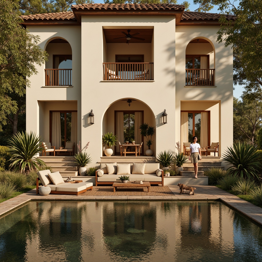 Prompt: Warm beige villa exterior, lush greenery surroundings, tranquil pond reflections, rustic stone pathways, earthy brown accents, creamy white walls, soft golden lighting, inviting open spaces, elegant archways, sophisticated furnishings, plush velvet sofas, rich wood tones, natural fiber rugs, subtle texture contrasts, warm terracotta floors, airy vaulted ceilings, dramatic floor-to-ceiling windows, delicate lace curtains, vibrant botanical prints, serene ambiance, cozy reading nooks, 1/1 composition, softbox lighting, realistic material textures.