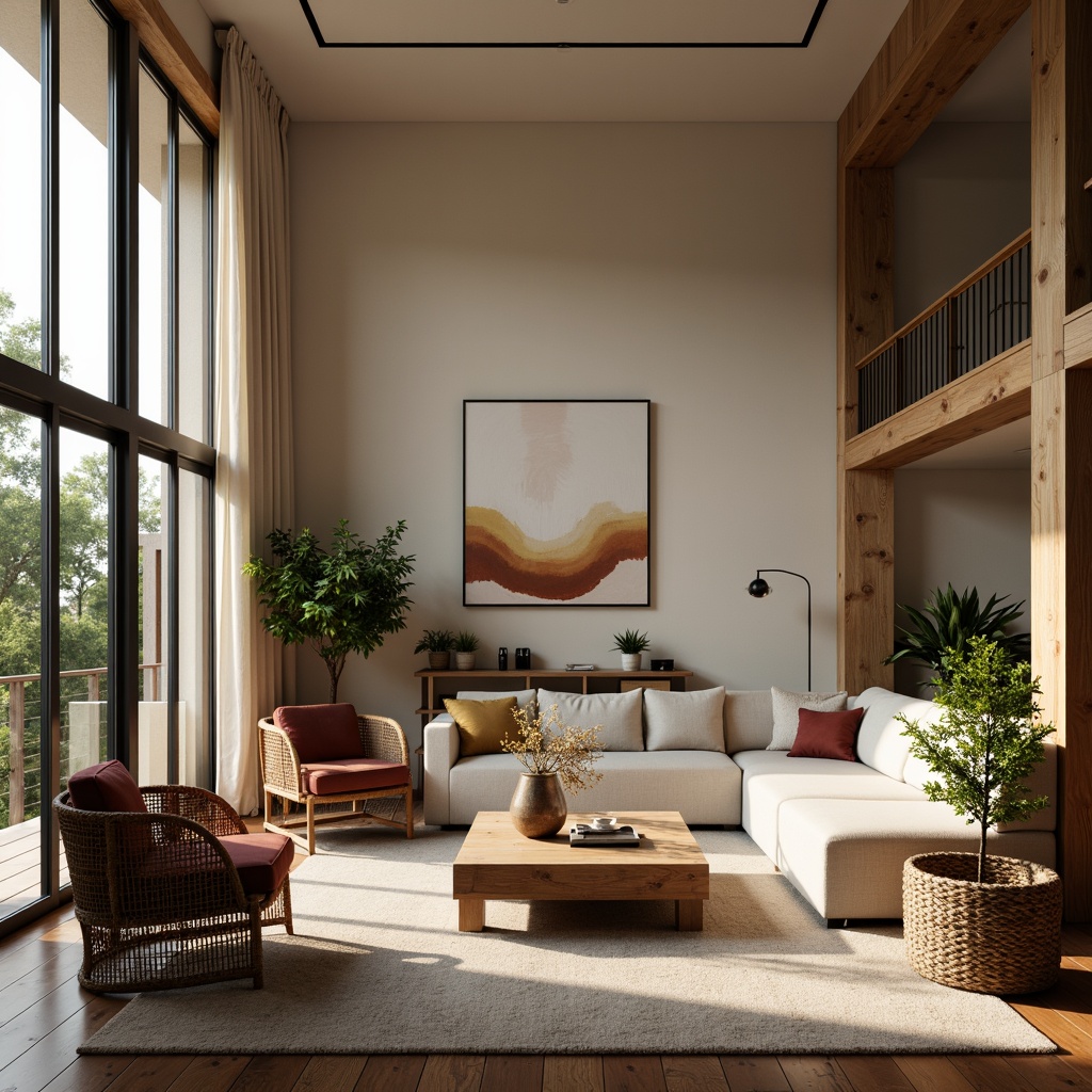 Prompt: Cozy living room, plush sofa, velvet armchairs, wooden coffee table, woven baskets, potted plants, soft warm lighting, floor-to-ceiling windows, natural textiles, earthy color palette, minimalist decor, elegant curtains, modern abstract artwork, geometric patterns, comfortable throw pillows, rustic wooden flooring, ambient sound system, relaxing atmosphere.