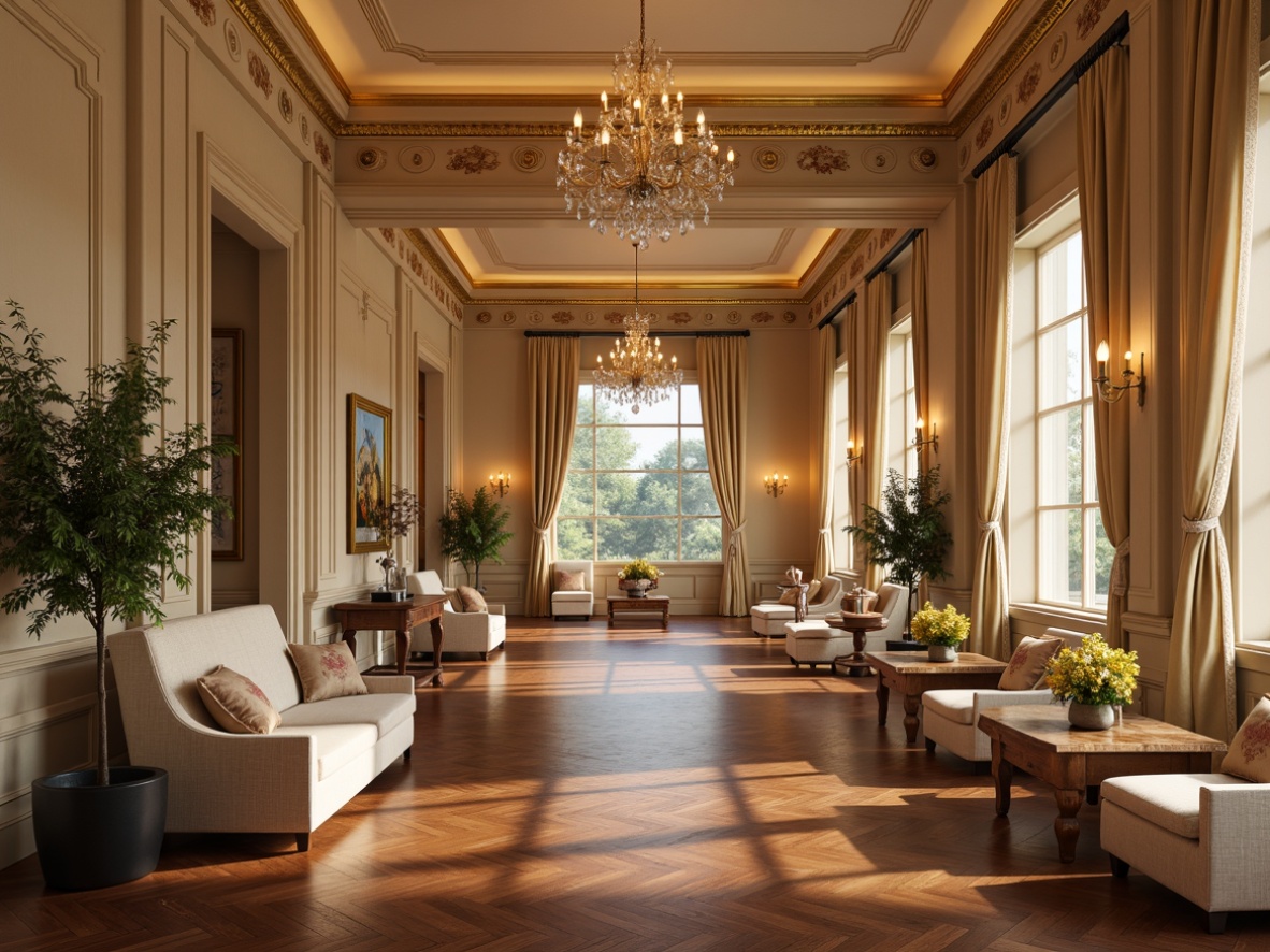 Prompt: Elegant pavilion interior, warm beige walls, soft cream ceilings, rich walnut wood flooring, ornate gold molding, luxurious velvet upholstery, subtle floral patterns, delicate lace curtains, crystal chandeliers, warm candlelight, intimate seating areas, classic furniture silhouettes, timeless design elements, sophisticated ambiance, serene atmosphere, natural light pouring in, shallow depth of field, 1/1 composition, soft focus, realistic textures, ambient occlusion.