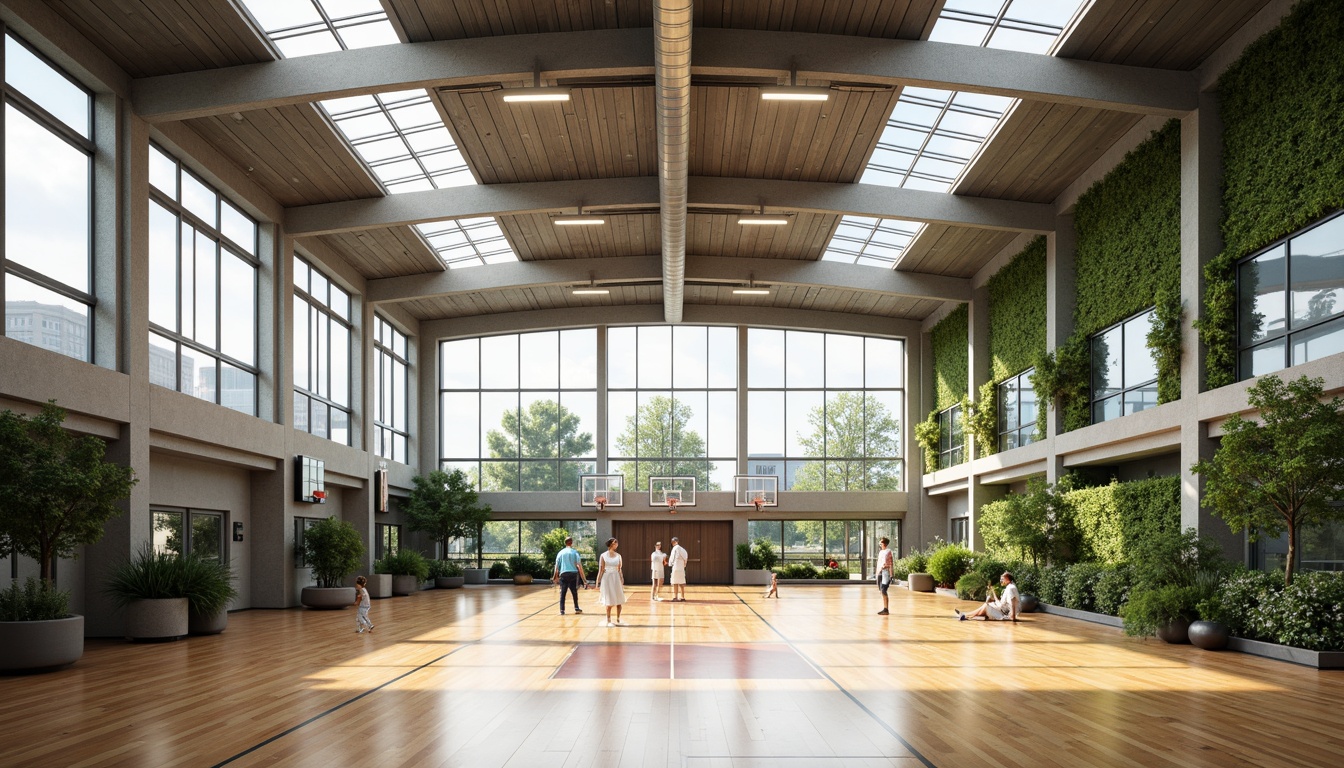 Prompt: Spacious gymnasium interior, high ceilings, large windows, clerestory lighting, natural ventilation, athletic equipment, basketball hoops, wooden floors, exposed ductwork, industrial metal beams, minimalist color scheme, abundant greenery, living walls, vertical gardens, soft diffused lighting, warm atmosphere, shallow depth of field, 2/3 composition, realistic textures, ambient occlusion.