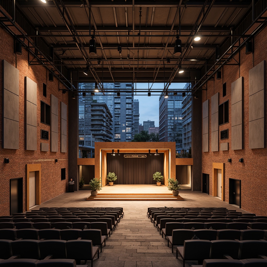 Prompt: Industrial amphitheater, exposed brick walls, metal beams, concrete floors, sound-absorbing panels, acoustic diffusers, wooden stage, professional lighting rigs, tiered seating, urban cityscape, misty evening, warm softbox lighting, shallow depth of field, 2/3 composition, realistic textures, ambient occlusion.