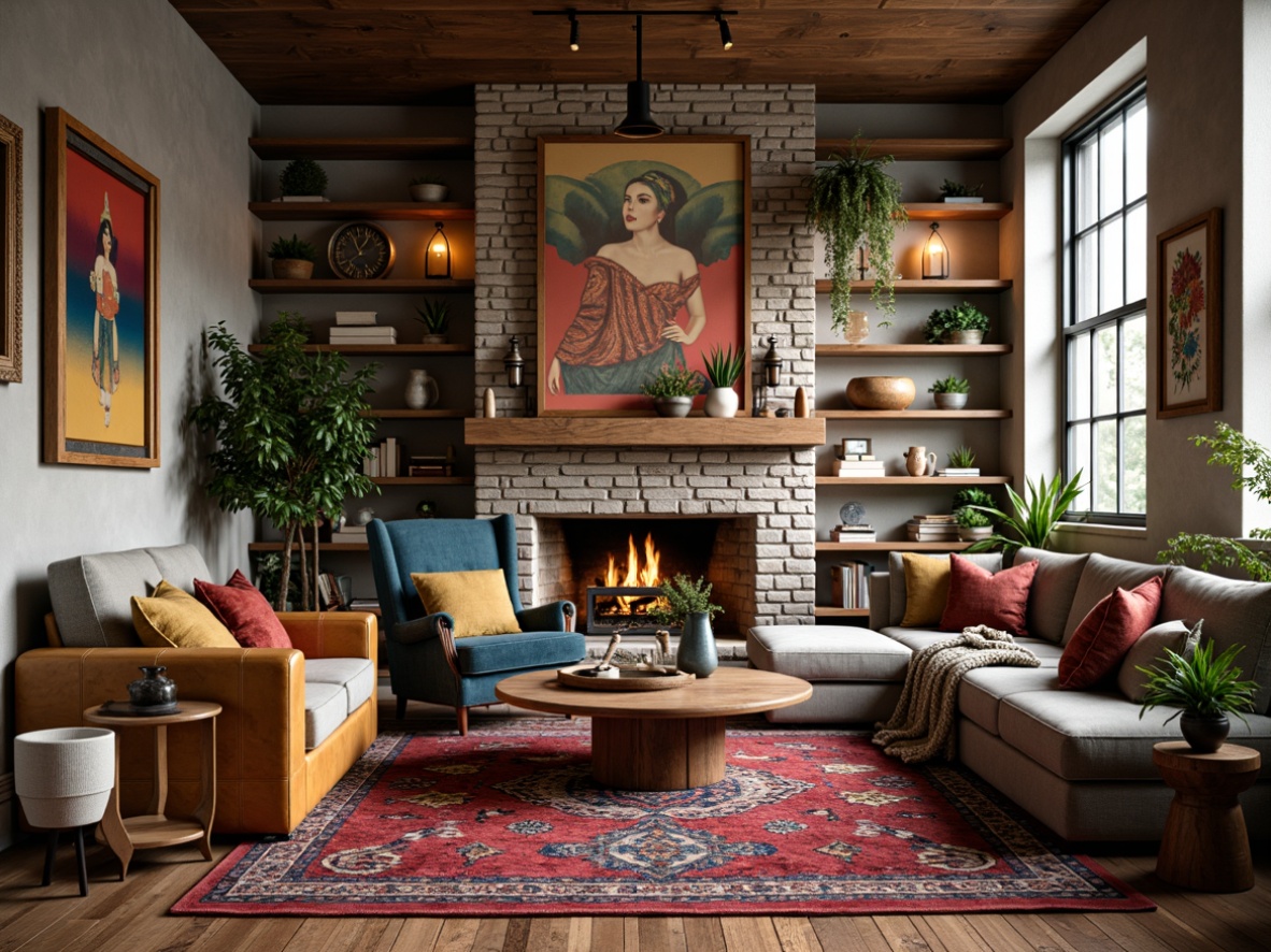 Prompt: Cozy eclectic living room, vintage furniture pieces, bold patterned rugs, rich wood accents, vibrant artwork collections, industrial-chic lighting fixtures, plush throw pillows, natural stone walls, reclaimed wooden shelves, bohemian-inspired textiles, earthy color palette, warm soft lighting, shallow depth of field, 2/3 composition, intimate atmosphere, realistic textures, ambient occlusion.