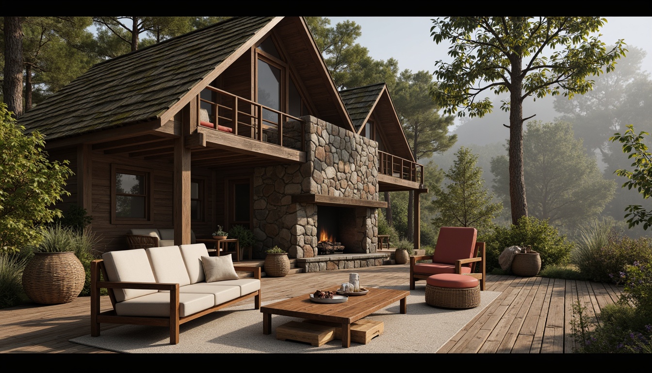 Prompt: Cozy cabin, reclaimed wood accents, stone fireplace, earthy color palette, natural textiles, woven baskets, vintage wooden furniture, distressed finishes, organic shapes, moss-covered roofs, forest surroundings, misty morning, warm soft lighting, shallow depth of field, 1/1 composition, realistic wood grains, ambient occlusion.