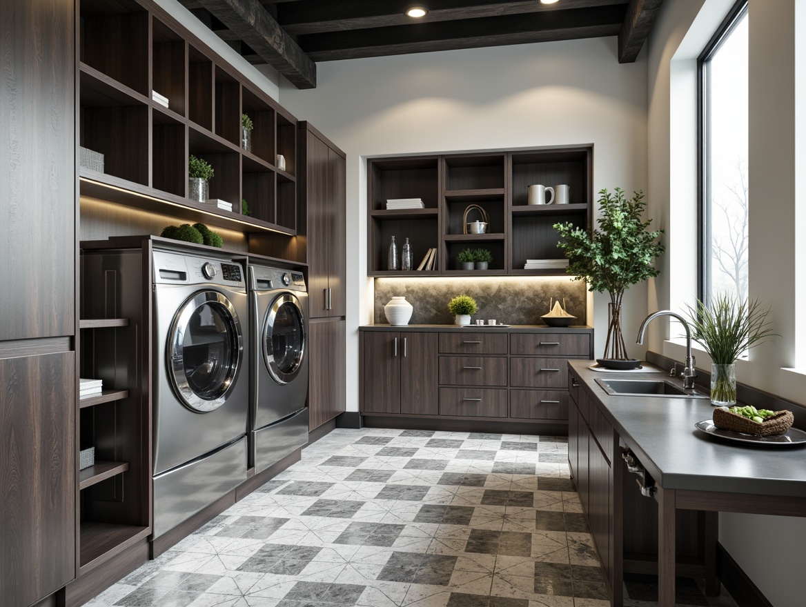 Prompt: Modern laundry room, sleek storage cabinets, minimalist shelving units, stainless steel countertops, high-gloss flooring, concealed washer and dryer, pull-out ironing boards, built-in folding tables, LED lighting, soft-close drawers, chrome handles, geometric patterns, industrial-chic decor, urban loft atmosphere, functional layout, ample natural light, 3/4 composition, shallow depth of field, realistic textures.