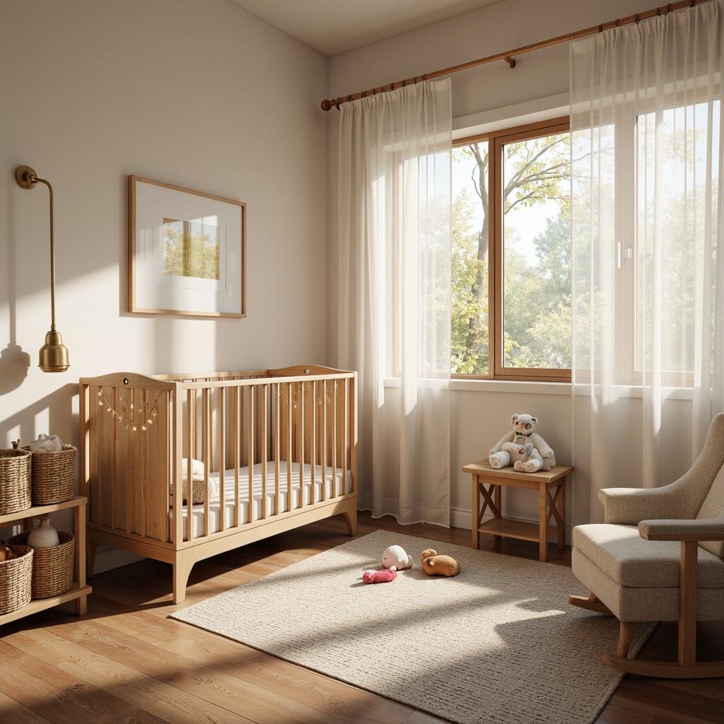 Prompt: Cozy baby room, warm vernacular style, soft pastel colors, creamy whites, natural wood accents, woven baskets, plush toys, crib with delicate carvings, gentle table lamps, string lights, warm floor lighting, indirect illumination, textured area rug, comfortable glider, oversized windows, sheer curtains, morning sunlight, peaceful atmosphere, shallow depth of field, 1/1 composition, soft focus, realistic textures.