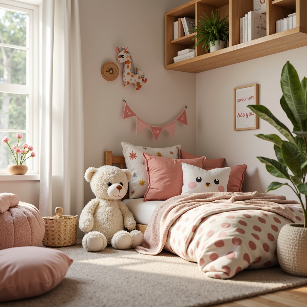 Prompt: Cozy kids' bedroom, plush toys, soft pastel colors, gentle lighting, warm wooden furniture, comfy bedding, vibrant colorful fabrics, whimsical patterns, fun textures, playful polka dots, sweet florals, soothing stripes, natural fibers, eco-friendly materials, kid-sized reading nook, oversized pillows, modern minimalist design, calm atmosphere, serene ambiance, soft focus, shallow depth of field.