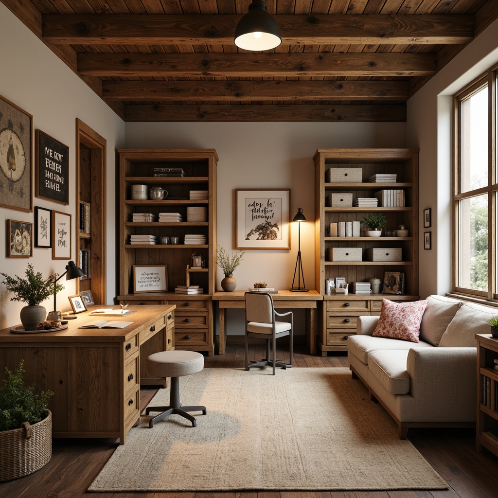 Prompt: Cozy craft room, natural wood accents, earthy color palette, ample storage units, bespoke shelving systems, wooden workbenches, task lighting fixtures, comfortable seating areas, inspirational quote decals, motivational wall art, organized supply stations, labeled storage bins, rustic metal hardware, distressed wood textures, soft warm lighting, shallow depth of field, 1/1 composition, realistic renderings, ambient occlusion.