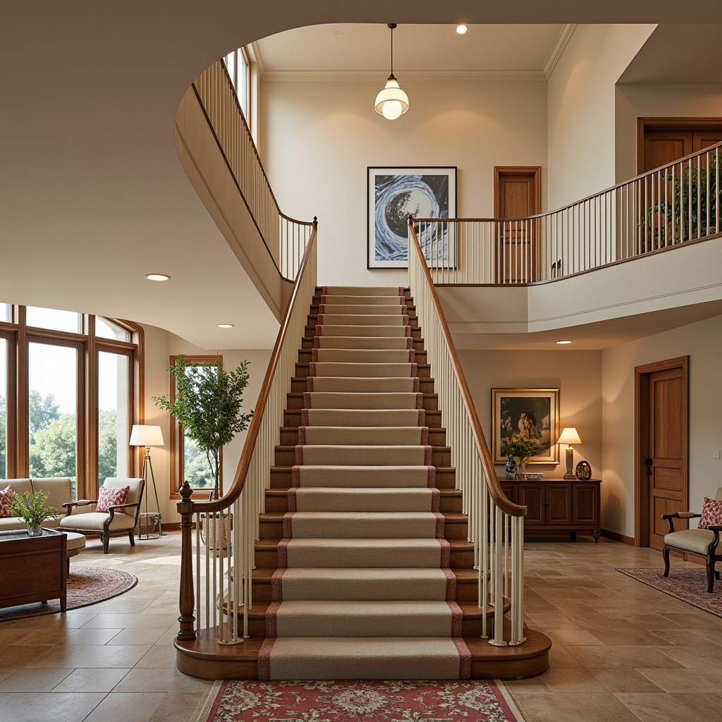 Prompt: Cozy staircase, soft warm lighting, rich wood tones, elegant banister, luxurious carpeted steps, calming beige walls, creamy white railings, subtle metallic accents, harmonious earthy color palette, nature-inspired hues, soothing green undertones, comforting blue shades, vibrant coral pops, ornate ironwork details, classic traditional design, inviting atmosphere, dramatic high ceilings, spacious open floor plan, natural stone flooring, plush area rugs.