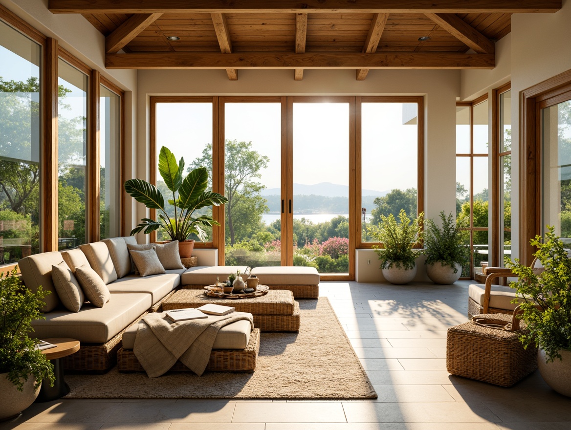 Prompt: Vibrant sunroom, warm natural light, lush greenery, blooming flowers, soft pastel colors, calming beige tones, creamy whites, gentle blues, sunny yellows, earthy browns, natural wood accents, woven textiles, rattan furniture, hanging plants, glass windows, sliding doors, panoramic views, cozy reading nooks, plush throw pillows, warm ambient lighting, shallow depth of field, 1/1 composition, realistic textures.