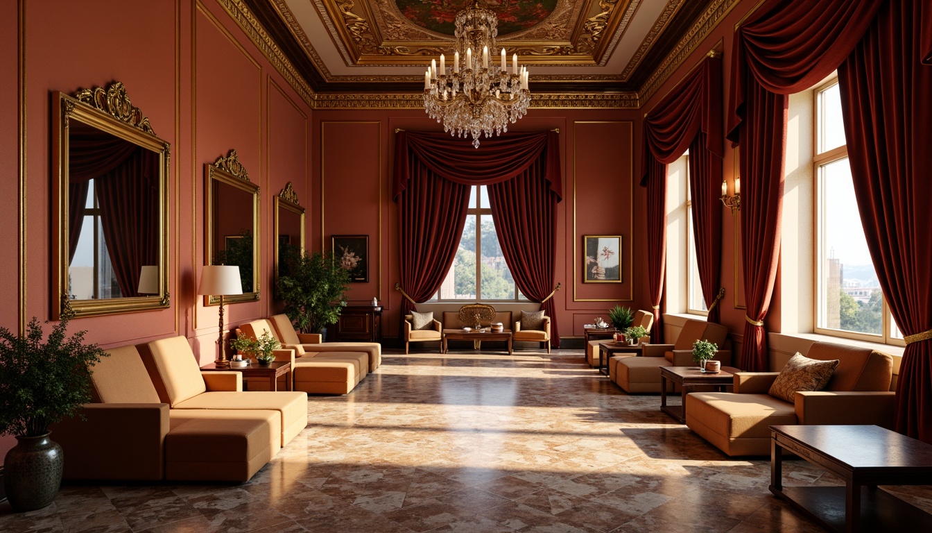 Prompt: Rich velvet drapes, ornate gold frames, intricate marble floors, warm terracotta walls, lavish silk fabrics, luxurious crystal chandeliers, ornamental wooden furnishings, elegant curved lines, soft warm lighting, subtle shading, 1/1 composition, intimate atmosphere, realistic textures, ambient occlusion.