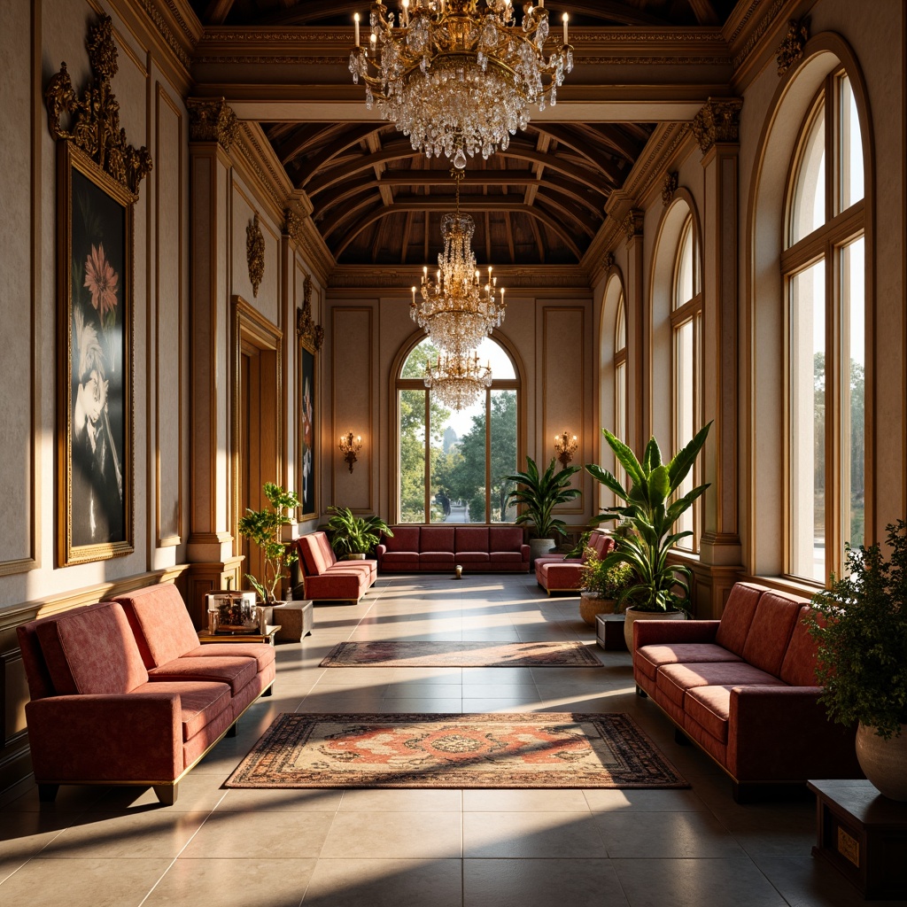 Prompt: Elegant pavilion interior, refined classicism style, ornate furnishings, velvet upholstery, carved wooden accents, gilded frames, crystal chandeliers, marble flooring, intricate patterns, subtle color palette, warm golden lighting, shallow depth of field, 1/2 composition, realistic textures, ambient occlusion.