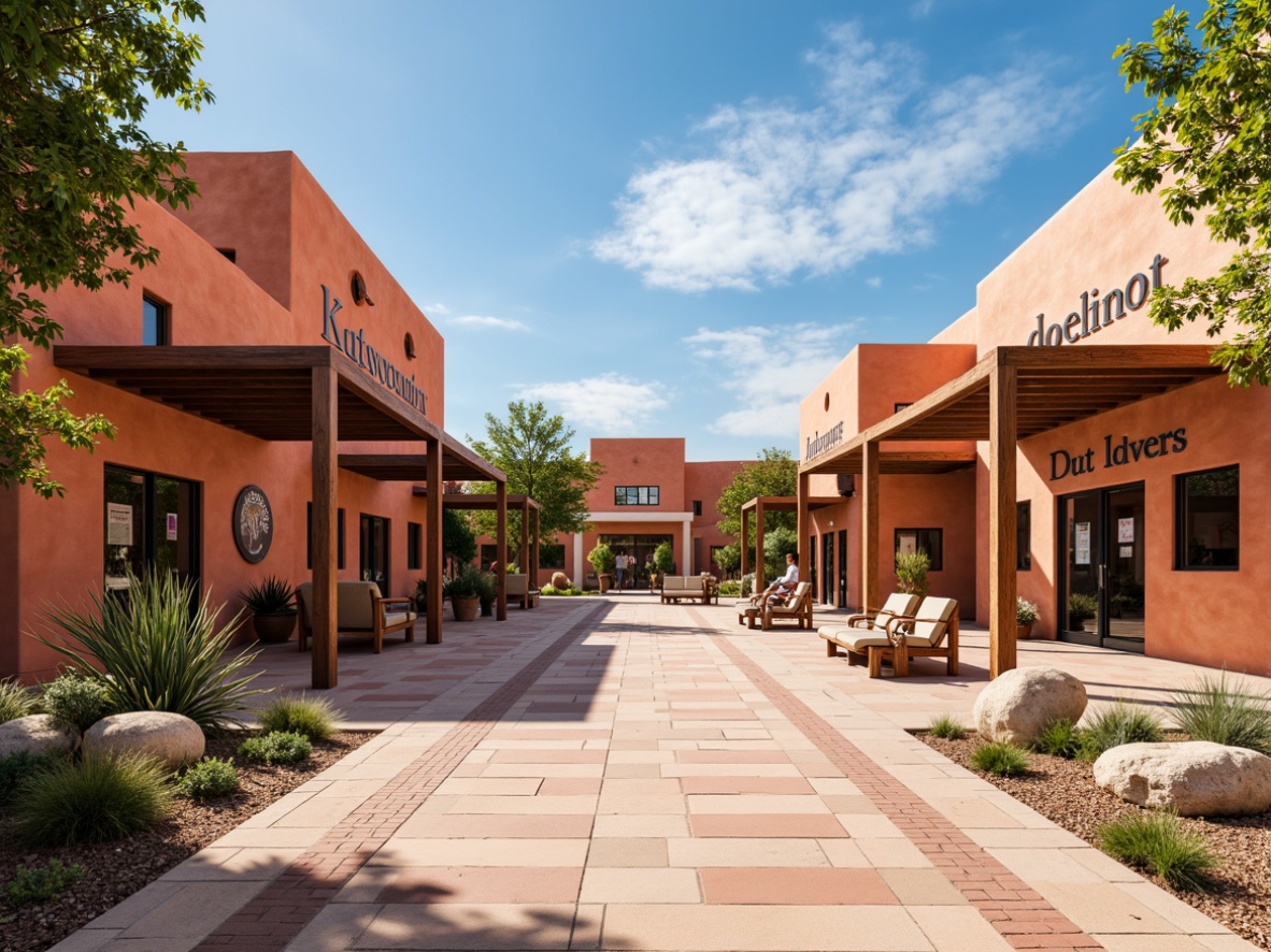 Prompt: Vibrant southwestern bus station, adobe architecture, terracotta roofs, stucco walls, desert landscaping, cacti plants, colorful tiles, bold typography, geometric patterns, rusty metal accents, wooden benches, shaded waiting areas, warm sunny day, soft natural lighting, 3/4 composition, panoramic view, realistic textures, ambient occlusion.