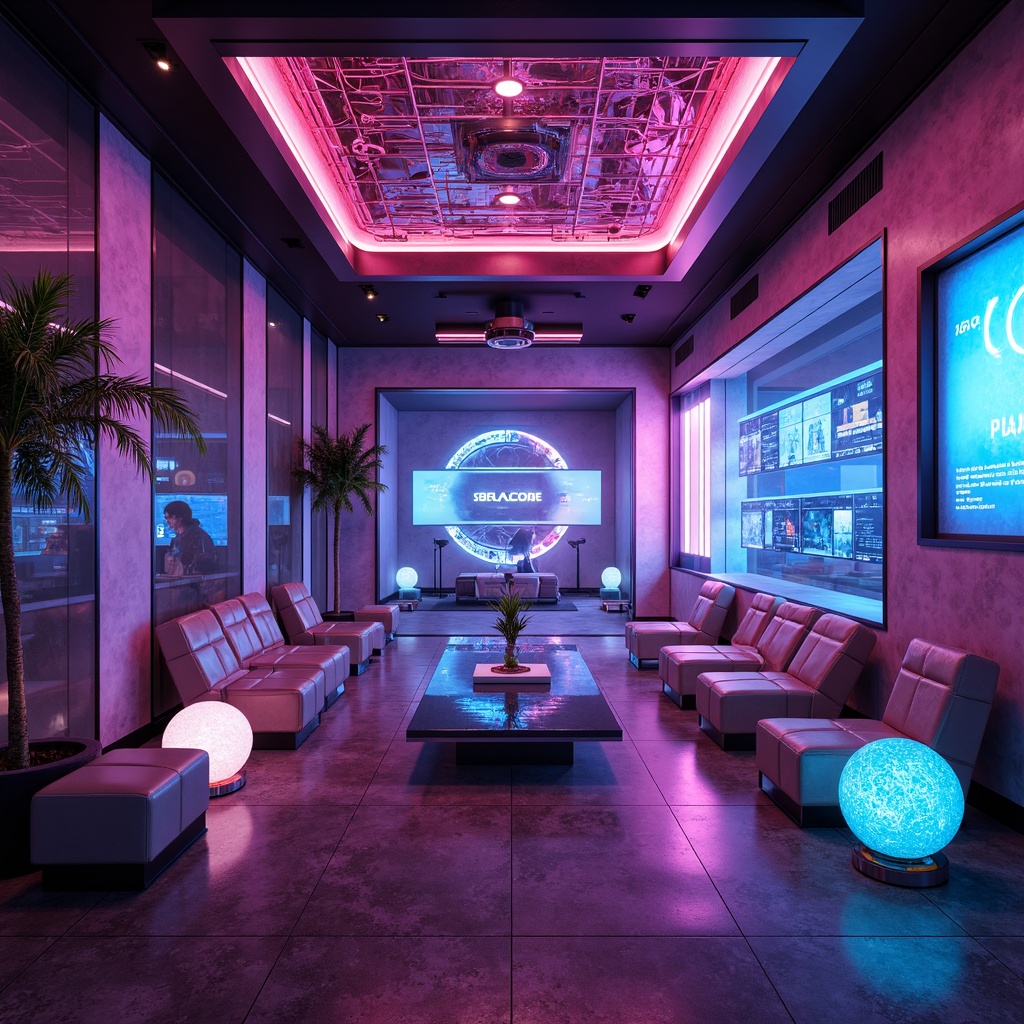 Prompt: Neon-lit futuristic interior, metallic accents, holographic displays, ambient LED strips, soft glowing orbs, dimmable floor lamps, sleek minimalist furniture, high-gloss finishes, polished chrome surfaces, iridescent color schemes, abstract geometric patterns, 3D-printed decorative elements, virtual reality integration, immersive audio systems, atmospheric fog effects, futuristic user interfaces, cyberpunk-inspired neon signage, moody indirect lighting, cinematic camera angles, shallow depth of field, 1/2 composition.