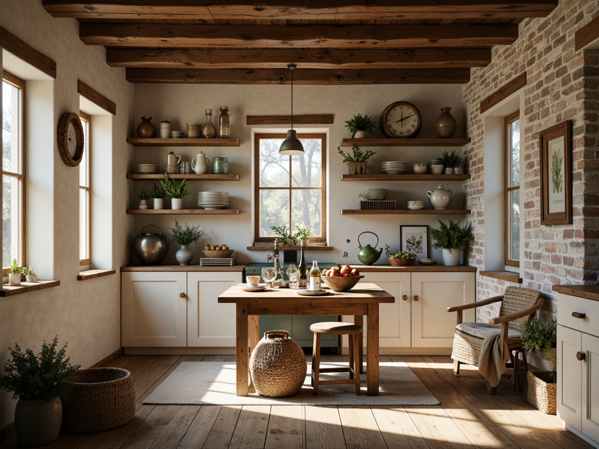 Prompt: Rustic farmhouse, vintage decor, distressed wood accents, earthy tones, natural textiles, woven baskets, galvanized metal, creamy whites, warm beiges, soft sage greens, muted blues, weathered wooden beams, exposed brick walls, cozy candlelight, warm afternoon sunbeams, shallow depth of field, 2/3 composition, rustic textures, subtle grain overlay.