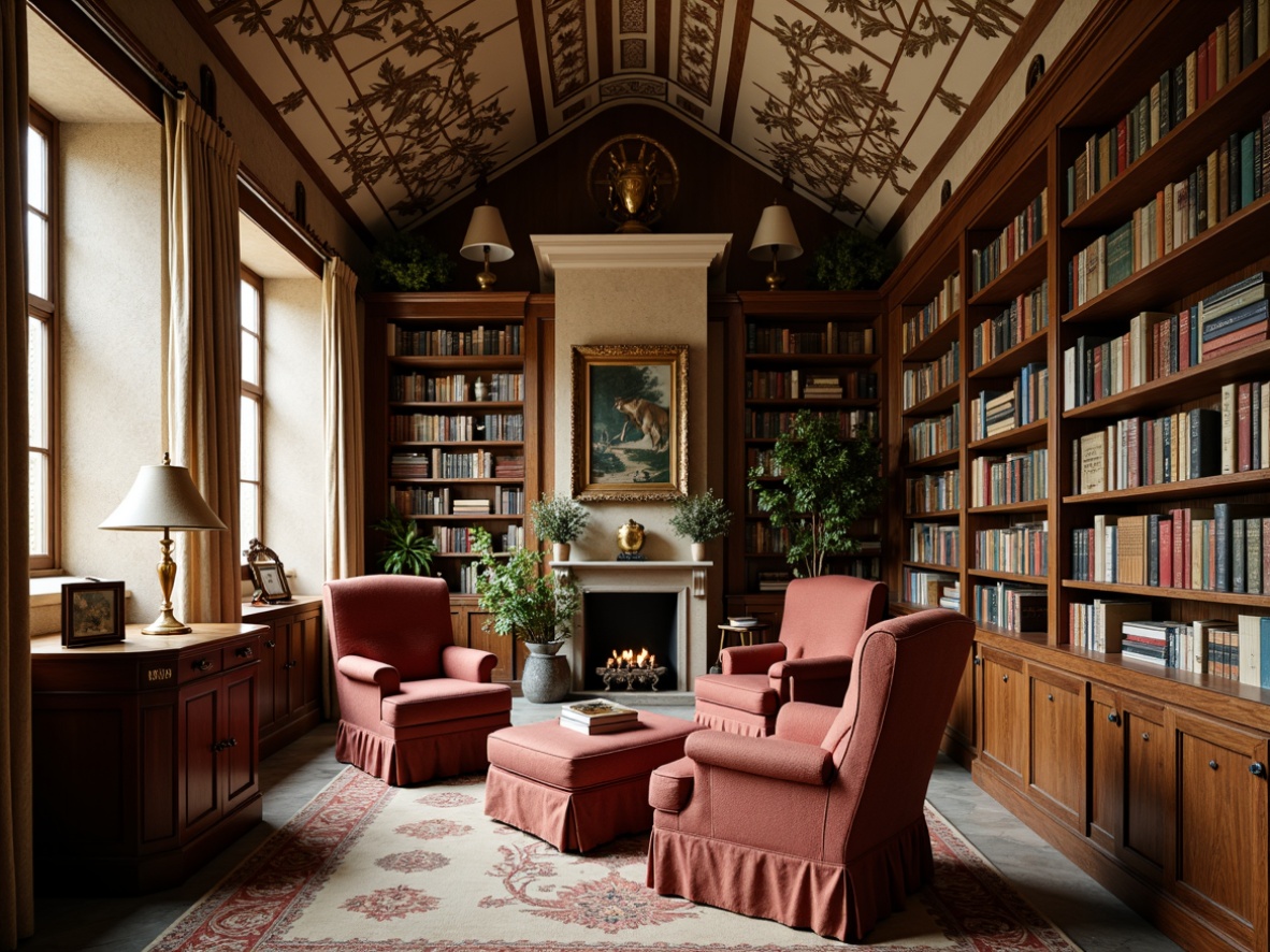 Prompt: Cozy library, rustic wooden bookshelves, vintage leather-bound books, plush velvet armchairs, ornate golden lampstands, soft warm lighting, rich tapestries, distressed stone walls, elegant French country architecture, steeply pitched roofs, dormer windows, floral patterns, toile de Jouy fabrics, lace curtains, antique furniture, worn wooden floors, comfortable reading nooks, classic literary works, warm beige colors, subtle natural textures, shallow depth of field, 1/2 composition, intimate atmosphere.