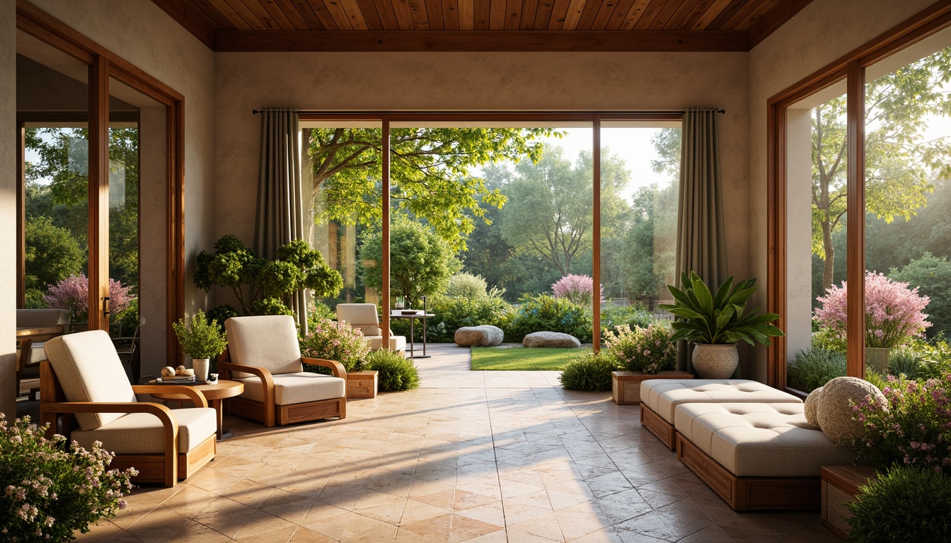 Prompt: Cozy sunroom, natural stone flooring, hexagonal tile patterns, earthy brown colors, warm beige tones, wooden accents, large windows, sliding glass doors, lush greenery, blooming flowers, soft warm lighting, shallow depth of field, 3/4 composition, panoramic view, realistic textures, ambient occlusion.