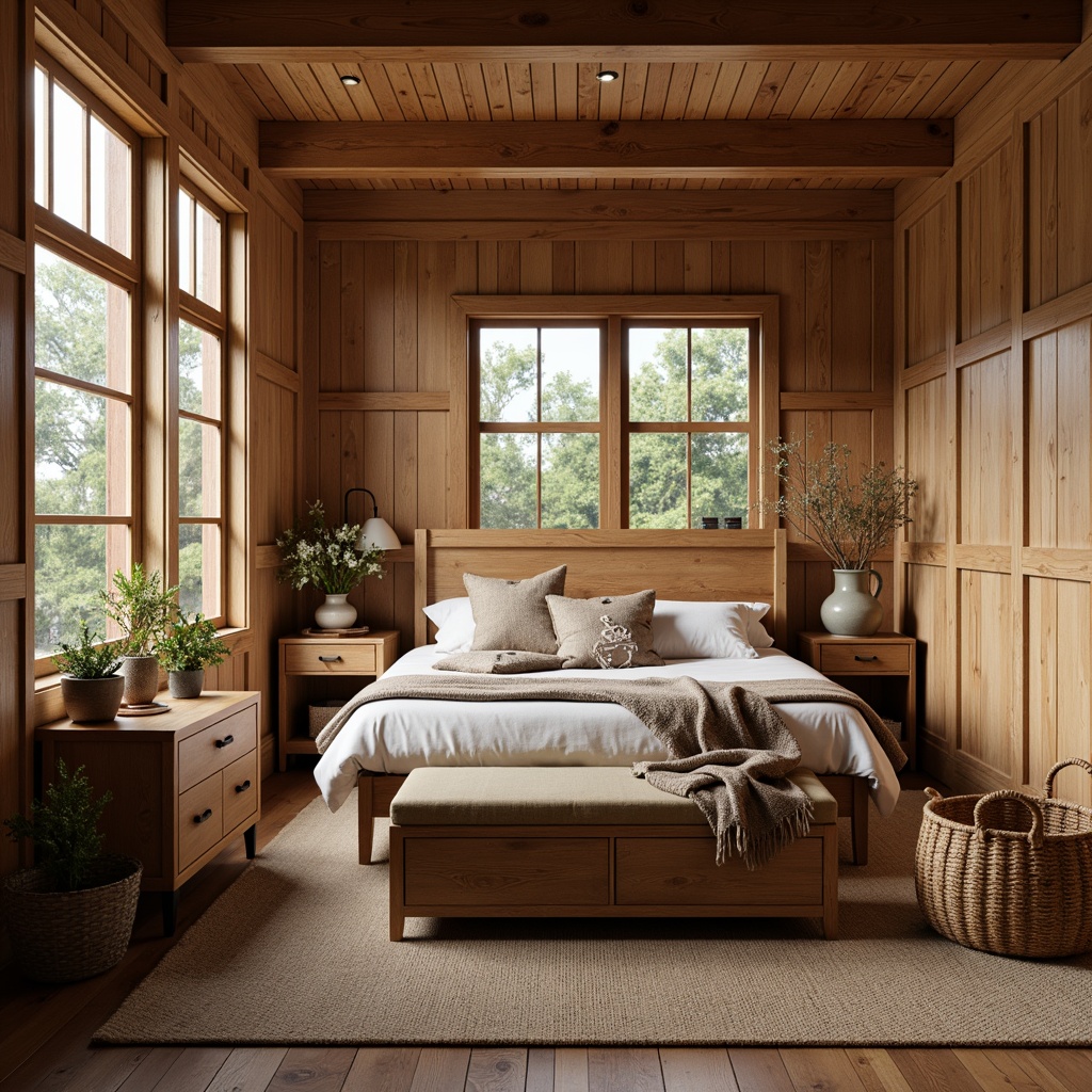 Prompt: Rustic bedroom, wooden furniture, craftsman style decor, natural oak wood tones, distressed finishes, vintage metal hardware, earthy color palette, woven textiles, cozy throw blankets, soft warm lighting, shallow depth of field, 1/1 composition, realistic wood grain textures, ambient occlusion, plush area rug, comfortable reading nook, wooden wall paneling, reclaimed wood accent walls, wooden ceiling beams, earthy scents, calm atmosphere.