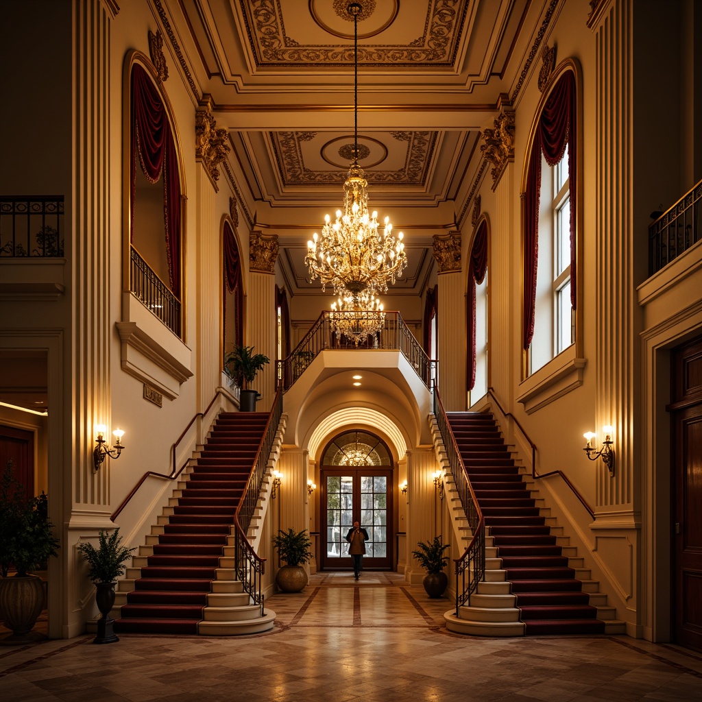 Prompt: Opulent chandeliers, warm golden lighting, soft candlelight, ornate fixtures, intricate moldings, lavish drapery, rich velvet fabrics, grandiose staircases, majestic archways, ornamental mirrors, gilded frames, luxurious marble floors, dramatic high ceilings, warm beige walls, subtle shadowing, atmospheric ambiance, 1/2 composition, symmetrical framing, soft focus, elegant reflections.